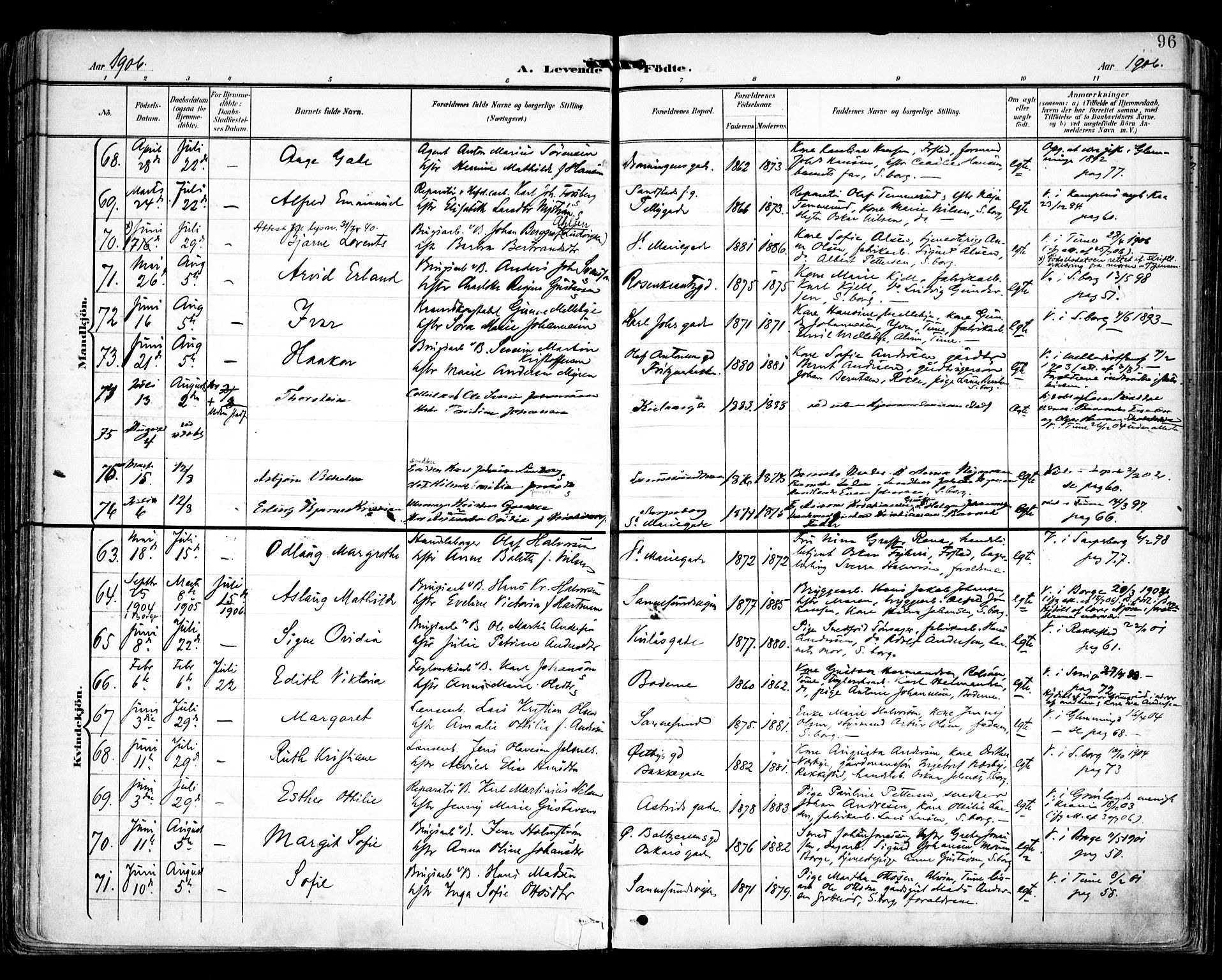 Sarpsborg prestekontor Kirkebøker, AV/SAO-A-2006/F/Fa/L0005: Parish register (official) no. 5, 1900-1909, p. 96
