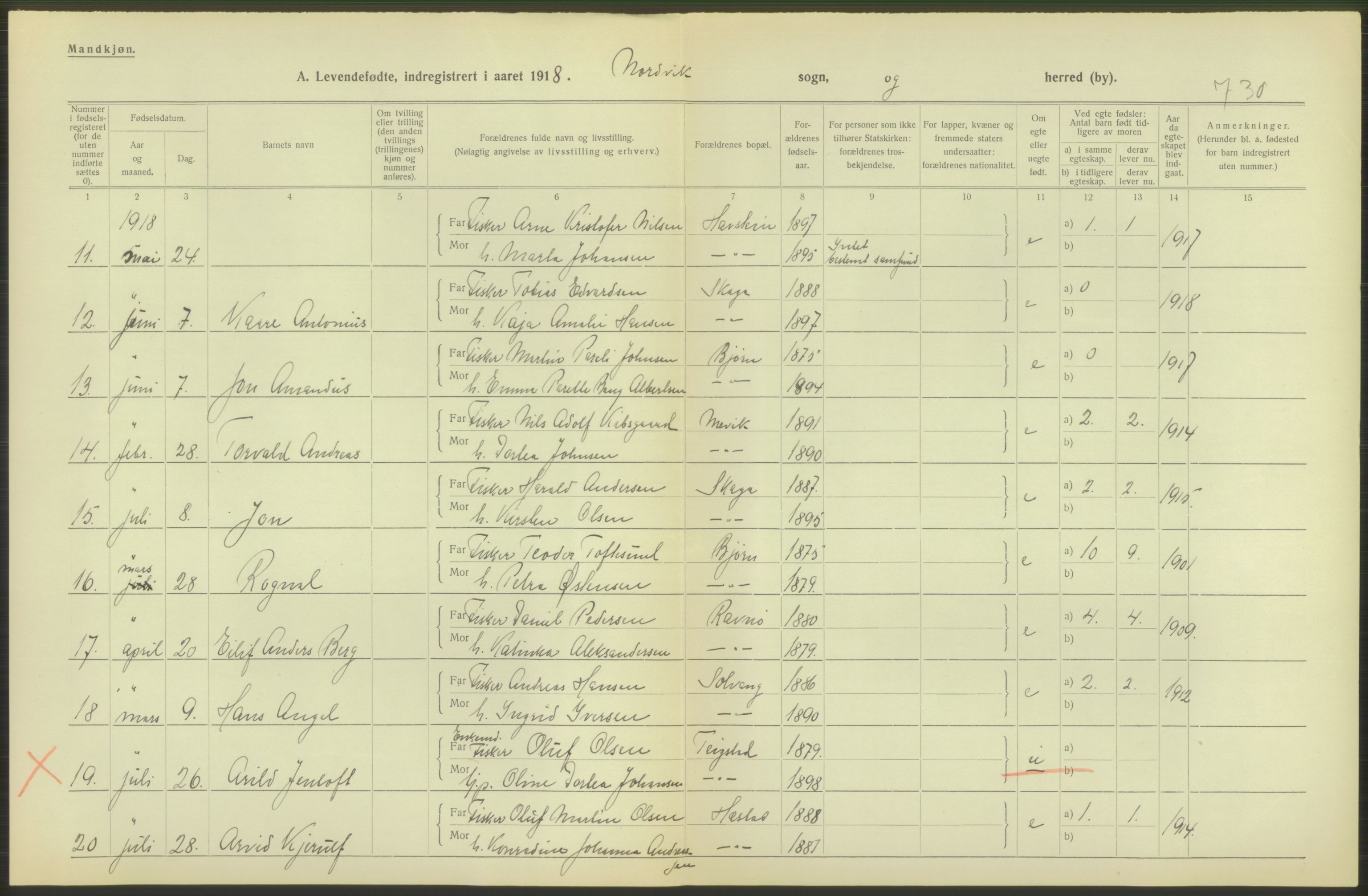 Statistisk sentralbyrå, Sosiodemografiske emner, Befolkning, AV/RA-S-2228/D/Df/Dfb/Dfbh/L0052: Nordland fylke: Levendefødte menn og kvinner. Bygder., 1918, p. 104