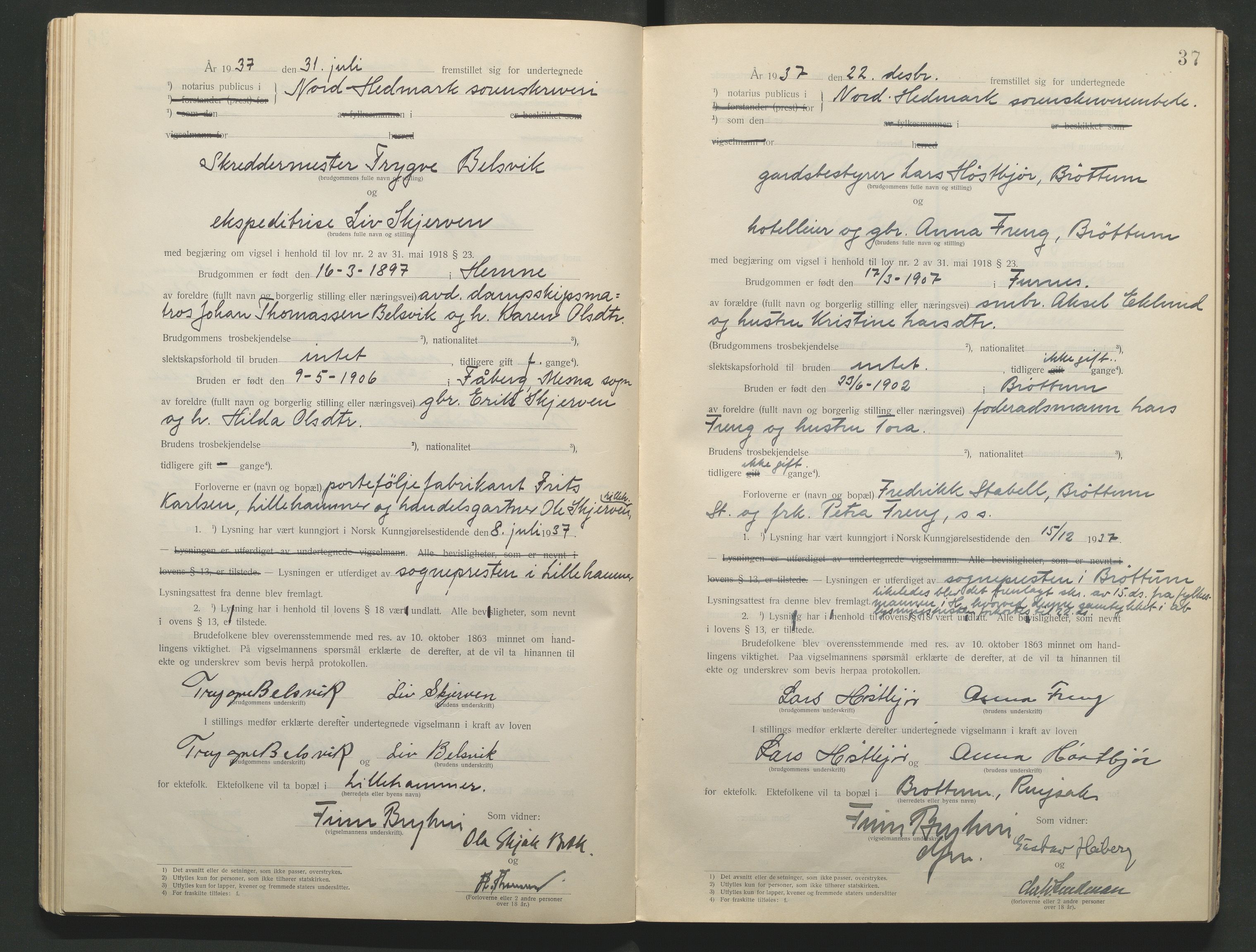 Nord-Hedmark sorenskriveri, AV/SAH-TING-012/L/Lc/L0001/0001: Vigselsprotokoller / Vigselsprotokoll, 1920-1942, p. 37