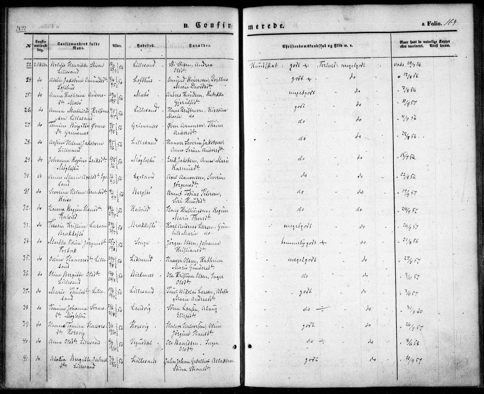 Vestre Moland sokneprestkontor, SAK/1111-0046/F/Fa/Fab/L0007: Parish register (official) no. A 7, 1859-1872, p. 164