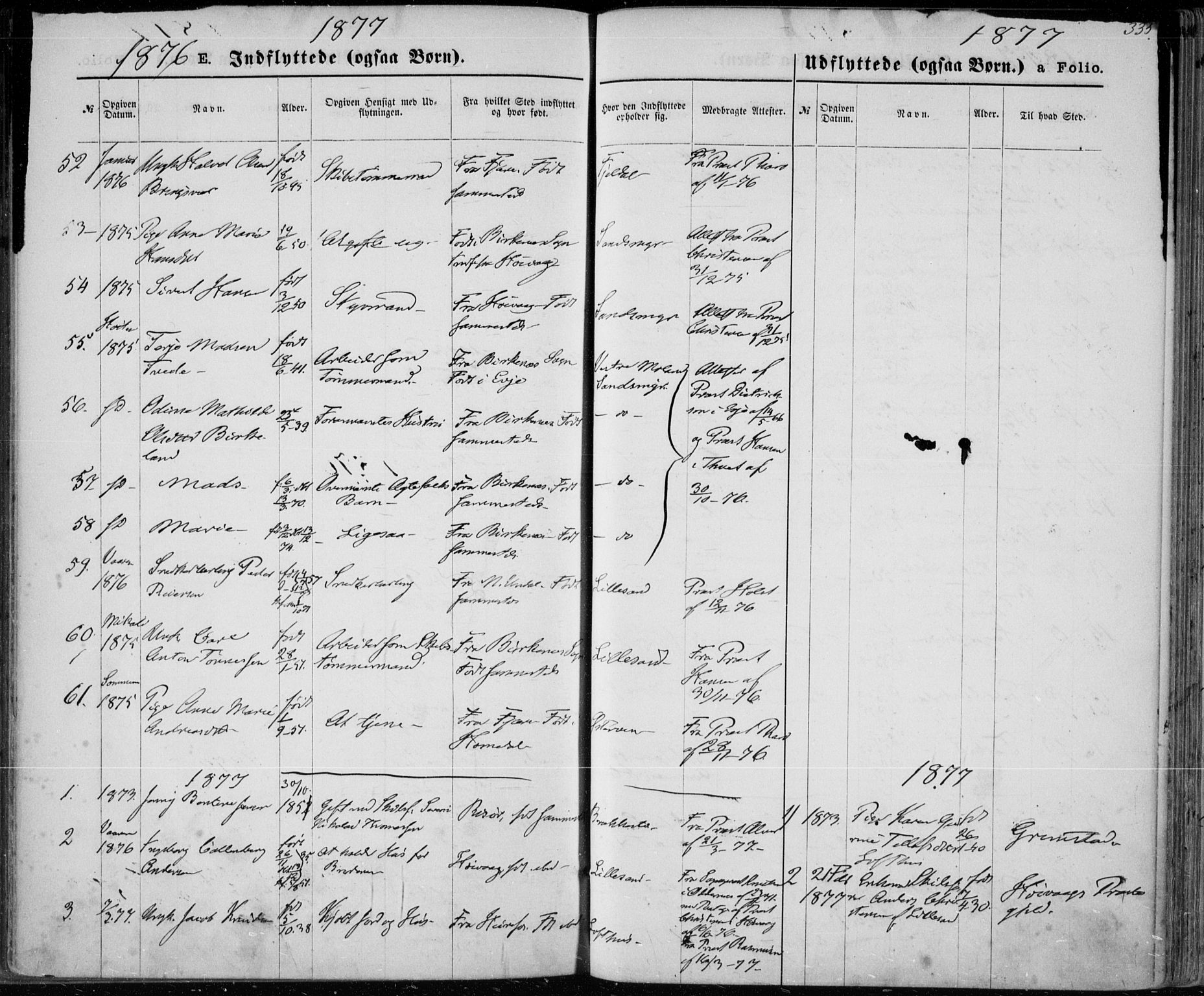 Vestre Moland sokneprestkontor, SAK/1111-0046/F/Fa/Fab/L0008: Parish register (official) no. A 8, 1873-1883, p. 335