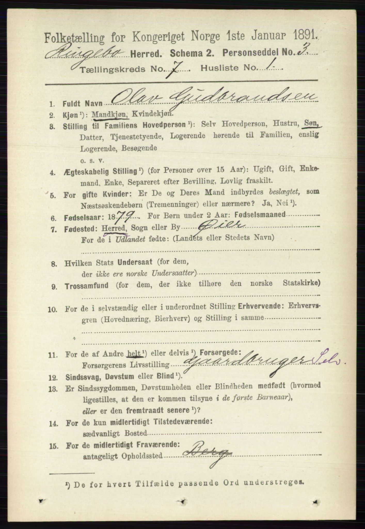 RA, 1891 census for 0520 Ringebu, 1891, p. 3037