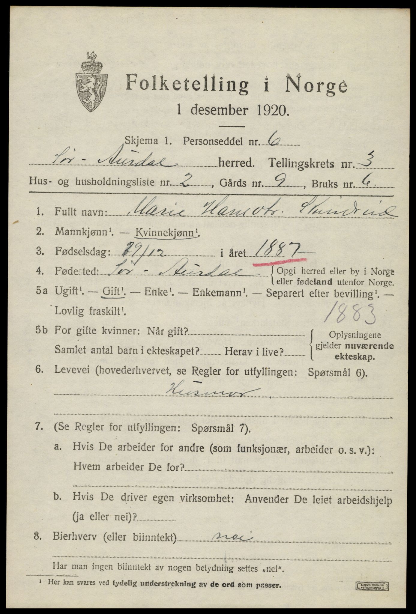 SAH, 1920 census for Sør-Aurdal, 1920, p. 1983