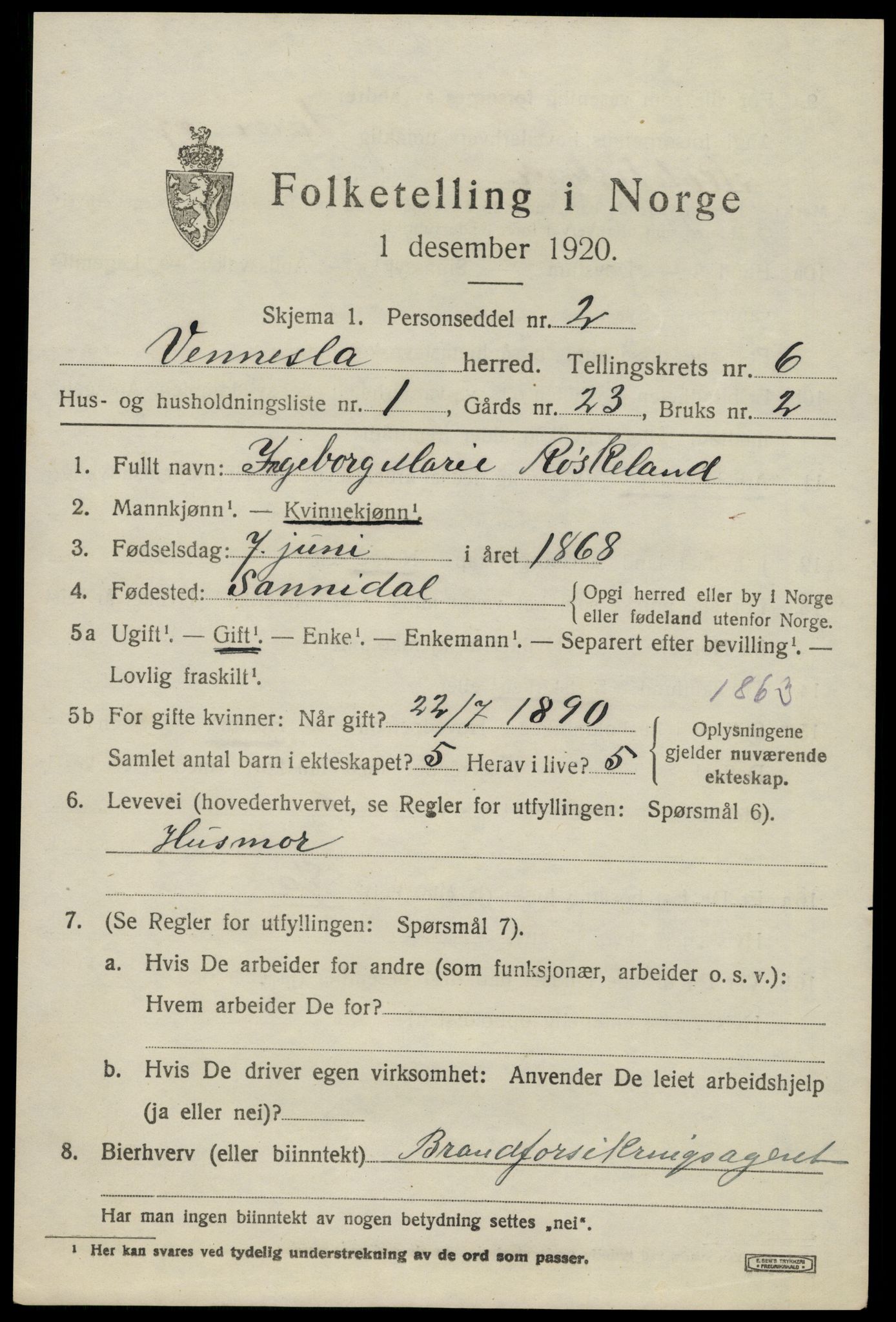 SAK, 1920 census for Vennesla, 1920, p. 4304