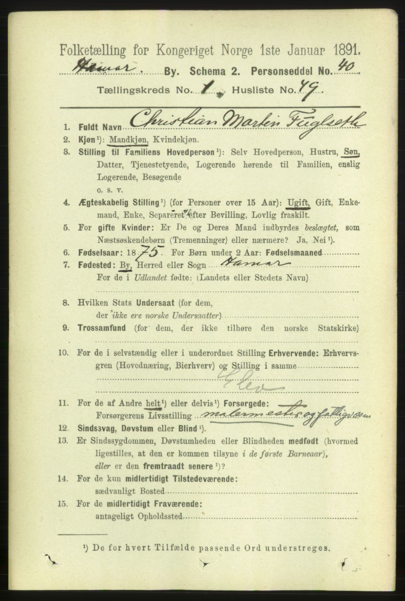 RA, 1891 census for 0401 Hamar, 1891, p. 850