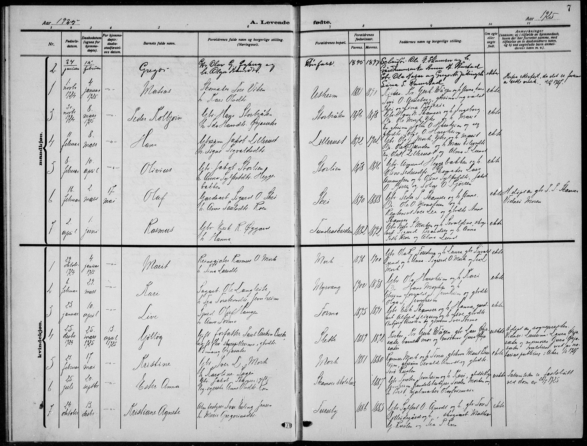 Skjåk prestekontor, SAH/PREST-072/H/Ha/Hab/L0005: Parish register (copy) no. 5, 1922-1936, p. 7