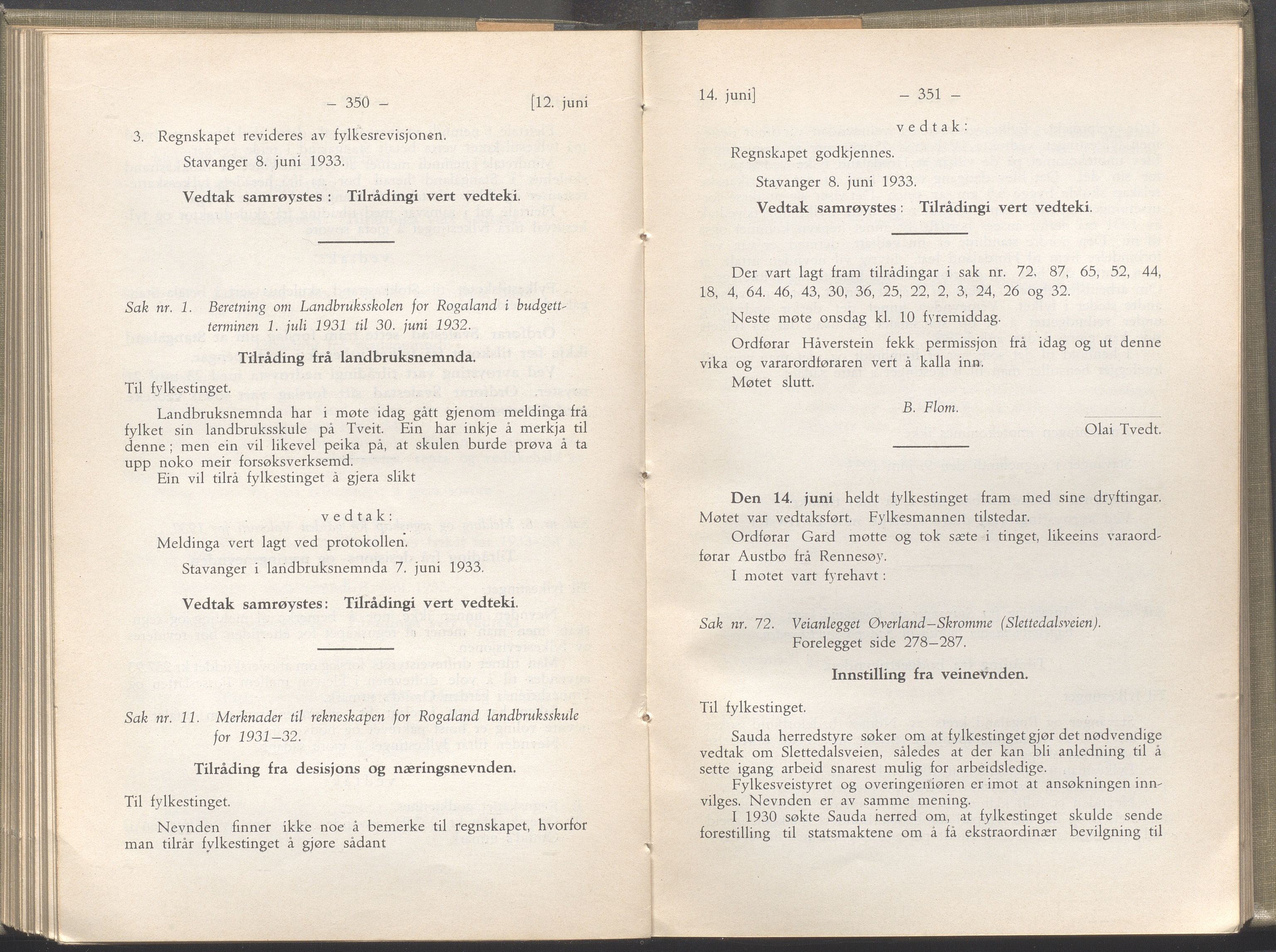 Rogaland fylkeskommune - Fylkesrådmannen , IKAR/A-900/A/Aa/Aaa/L0052: Møtebok , 1933, p. 350-351