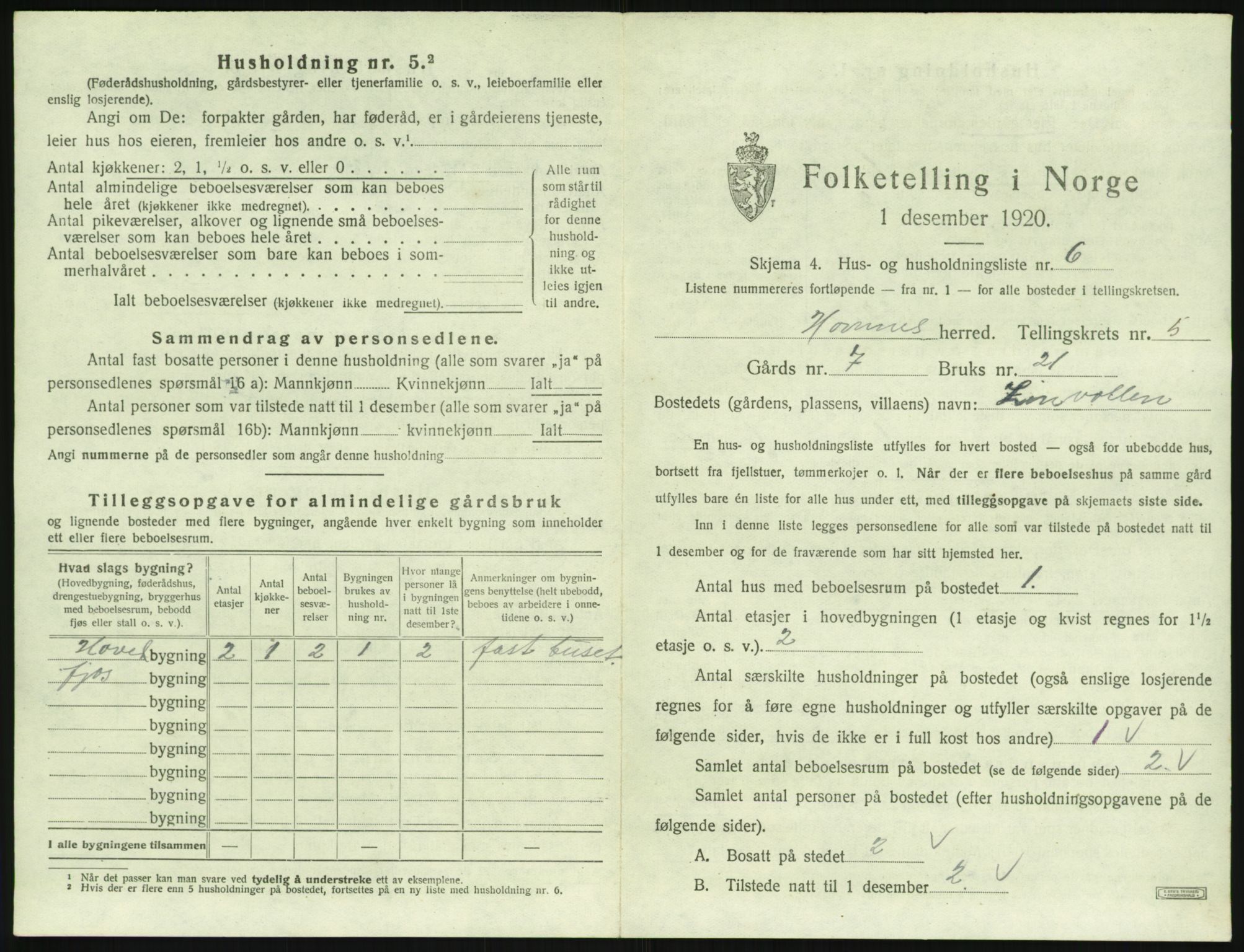 SAK, 1920 census for Hornnes, 1920, p. 215