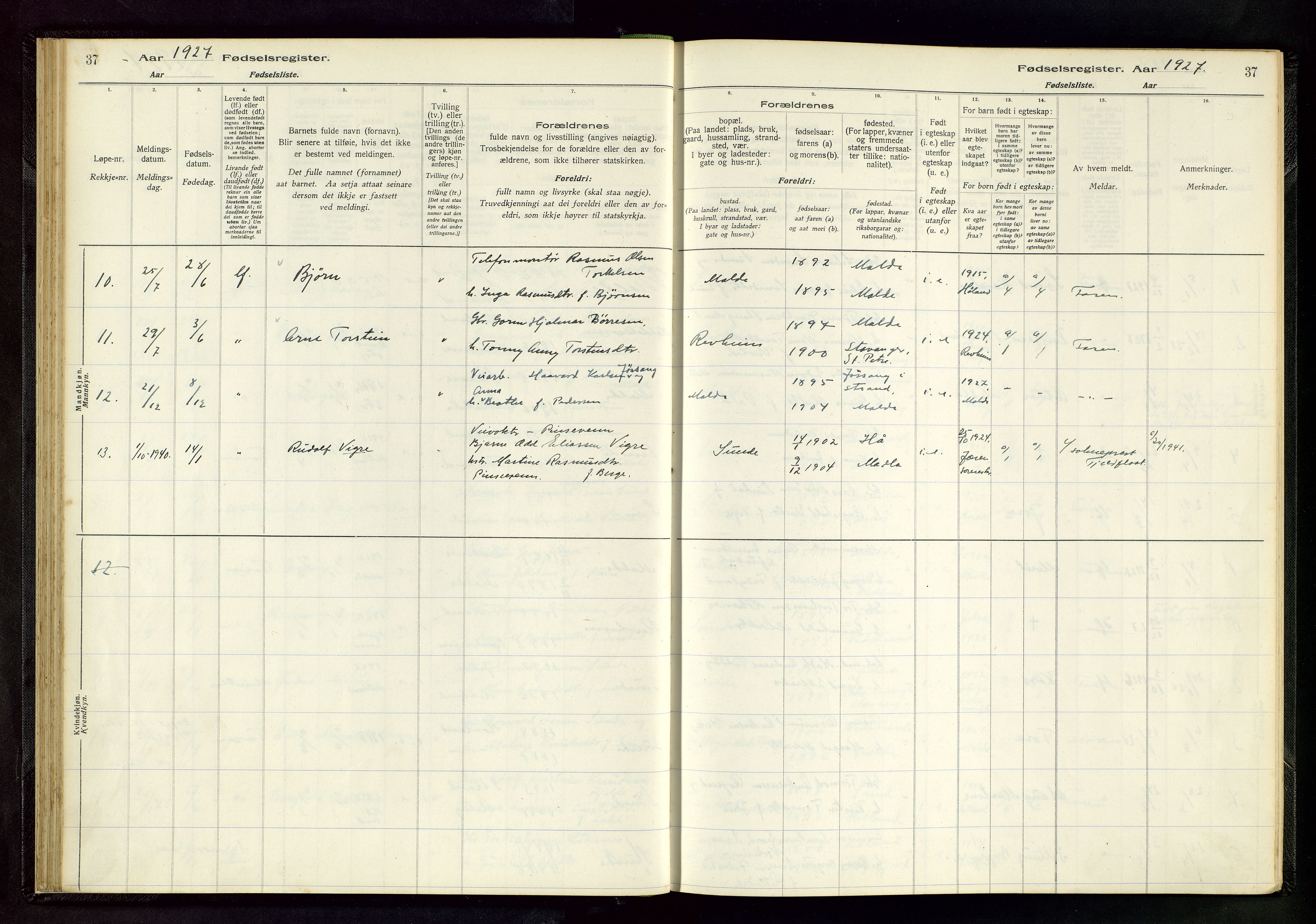 Håland sokneprestkontor, AV/SAST-A-101802/002/A/L0005: Birth register no. 5, 1916-1957, p. 37