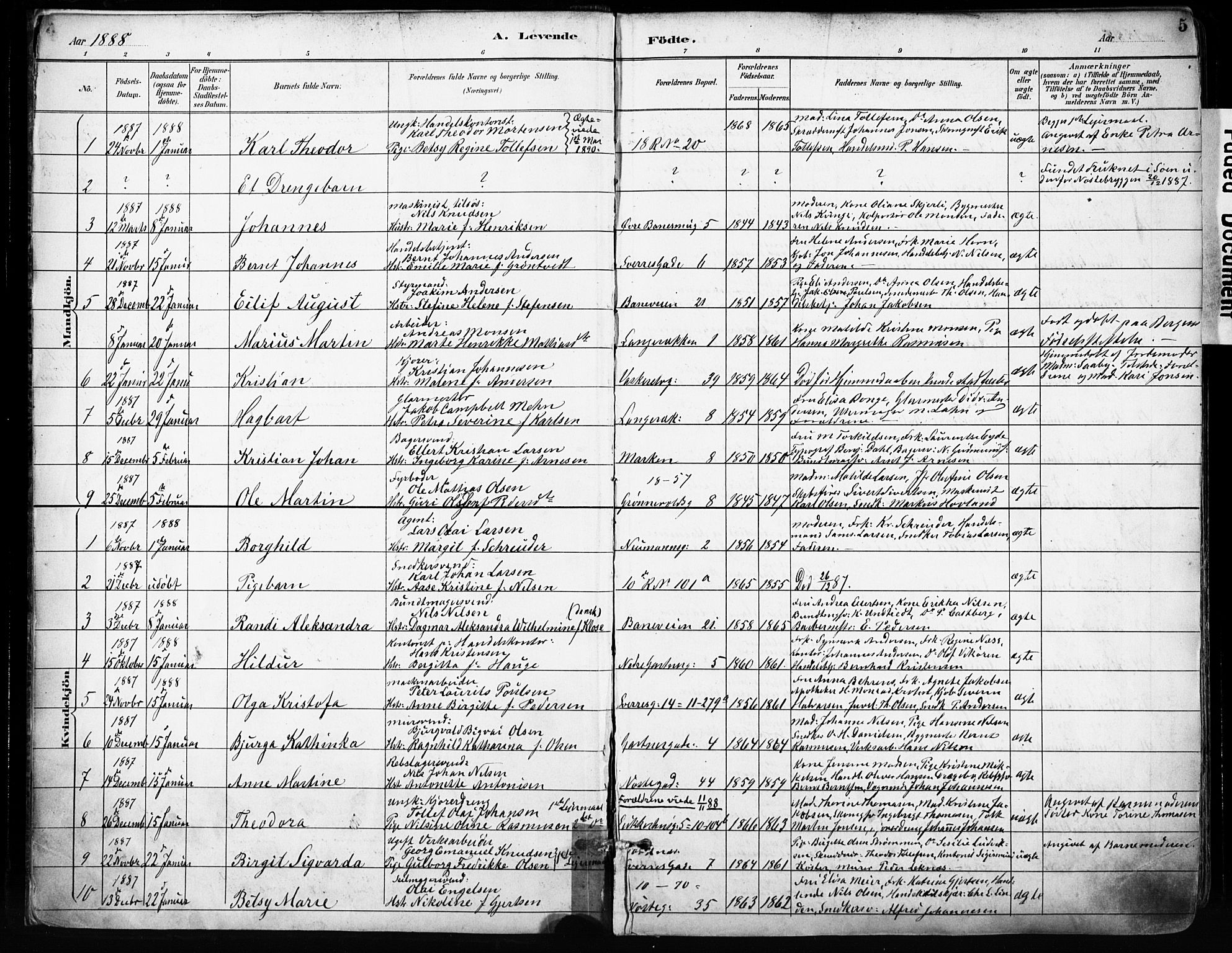 Domkirken sokneprestembete, SAB/A-74801/H/Haa/L0024: Parish register (official) no. B 7, 1888-1903, p. 5