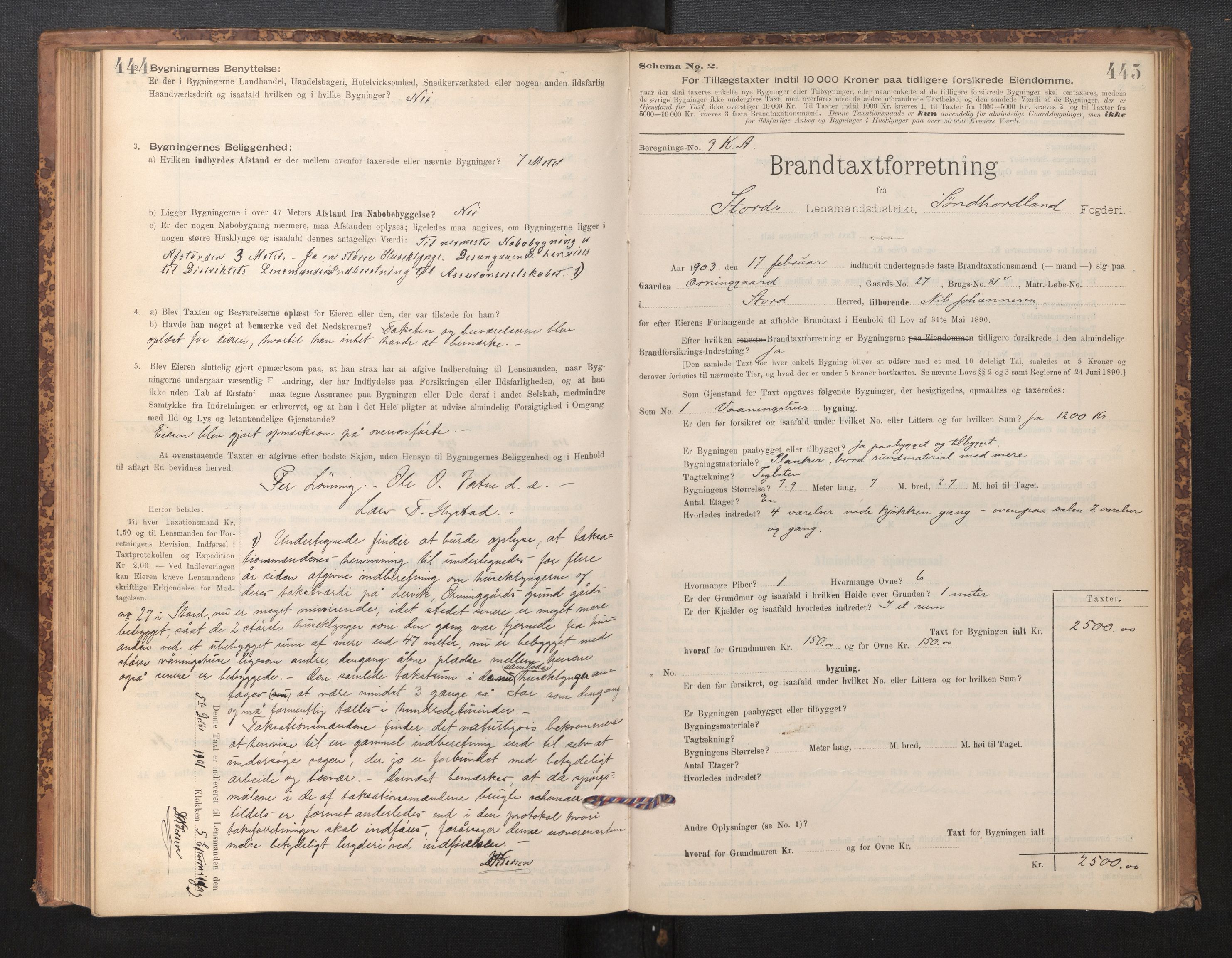 Lensmannen i Stord, SAB/A-35001/0012/L0002: Branntakstprotokoll, skjematakst, 1897-1922, p. 444-445