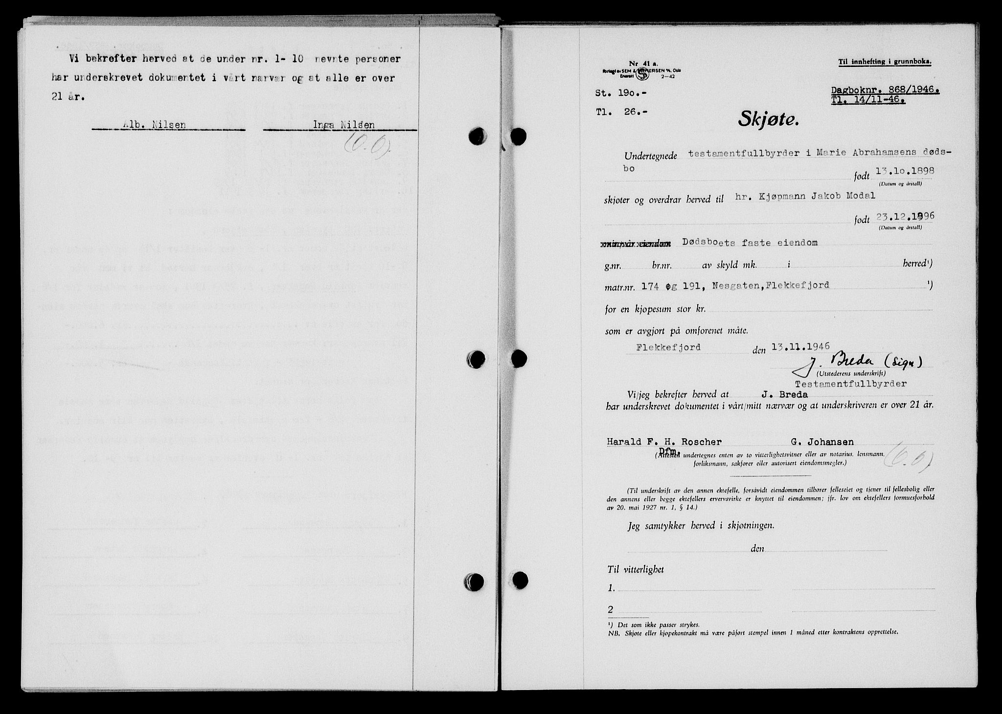 Flekkefjord sorenskriveri, SAK/1221-0001/G/Gb/Gba/L0061: Mortgage book no. A-9, 1946-1947, Diary no: : 868/1946