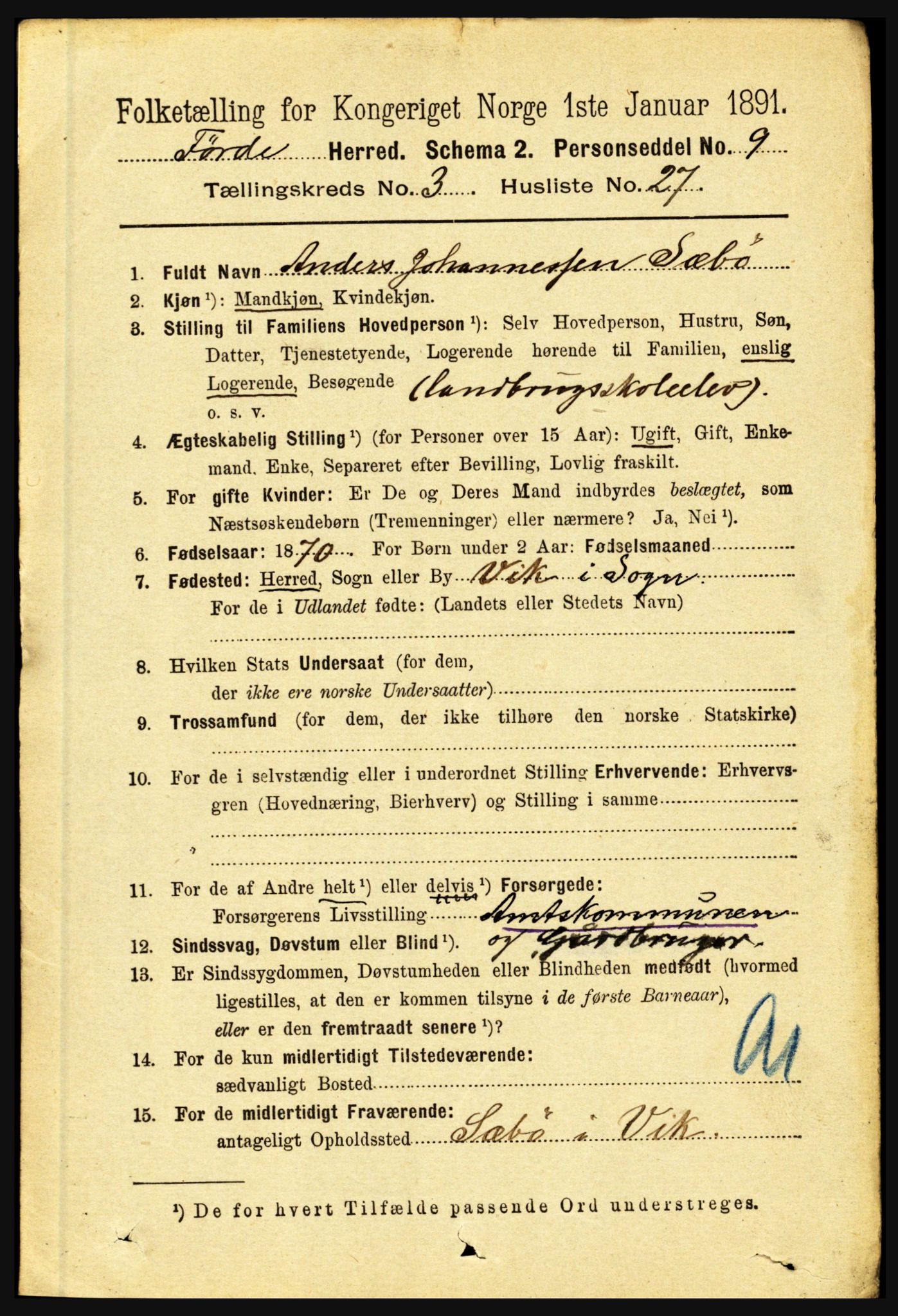 RA, 1891 census for 1432 Førde, 1891, p. 990