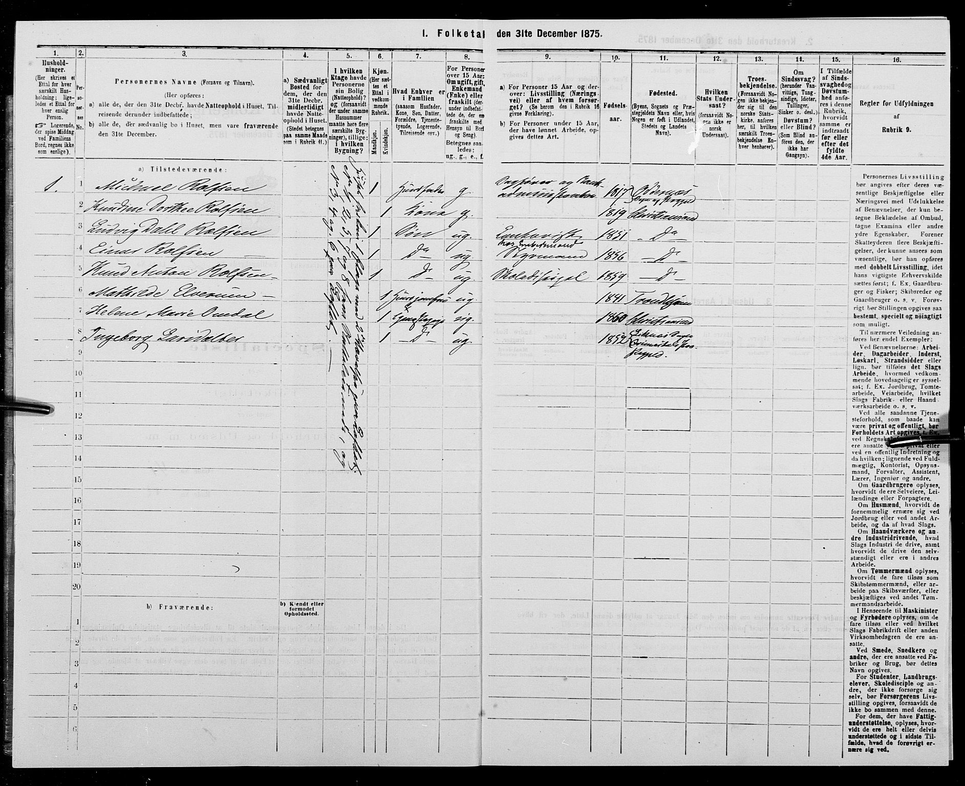 SAK, 1875 census for 1001P Kristiansand, 1875, p. 180