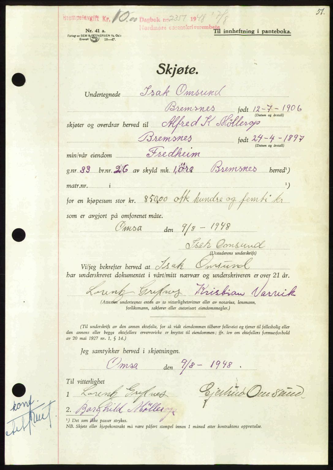 Nordmøre sorenskriveri, AV/SAT-A-4132/1/2/2Ca: Mortgage book no. A109, 1948-1948, Diary no: : 2351/1948