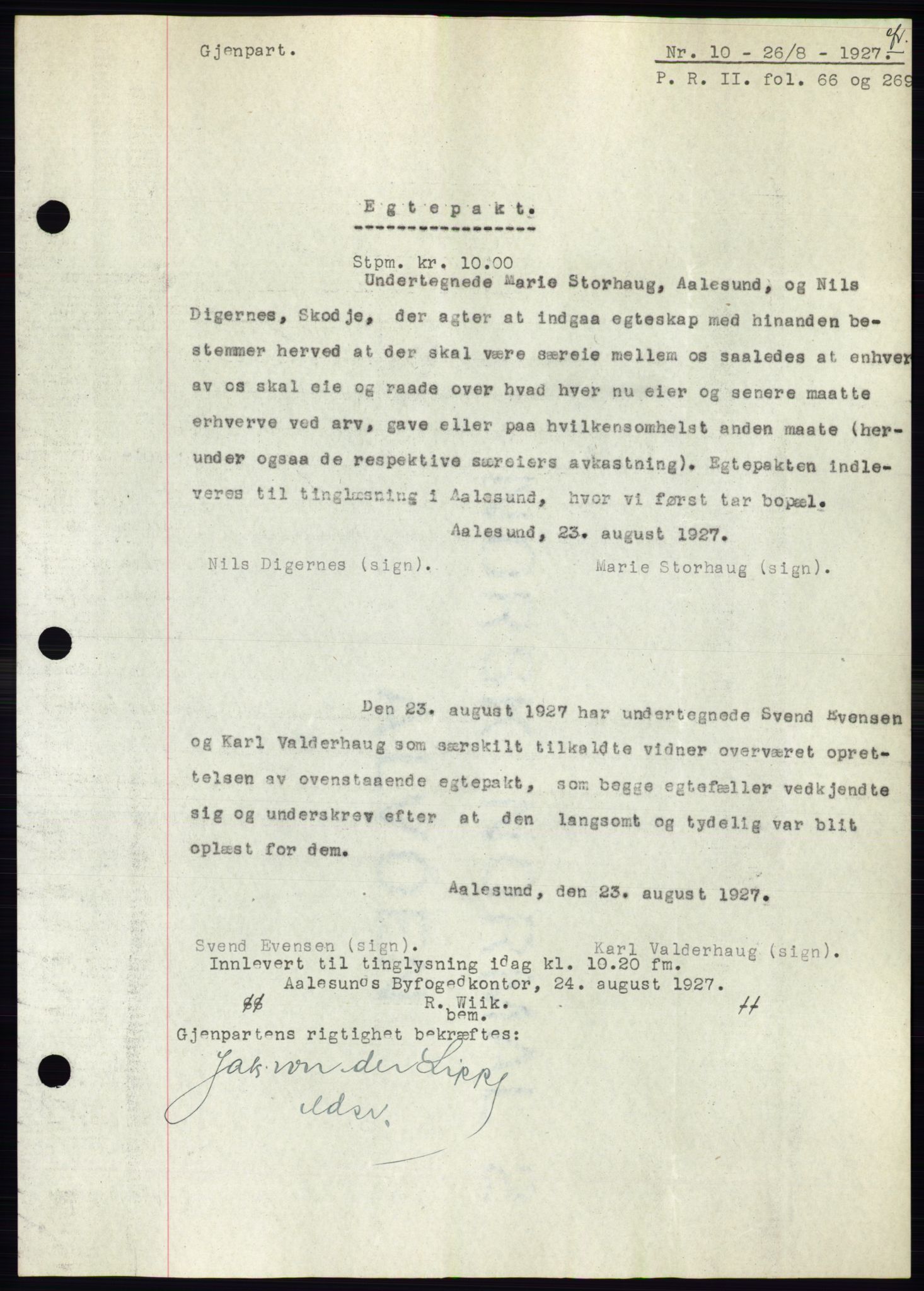 Ålesund byfogd, AV/SAT-A-4384: Mortgage book no. 22, 1927-1927, Deed date: 26.08.1927