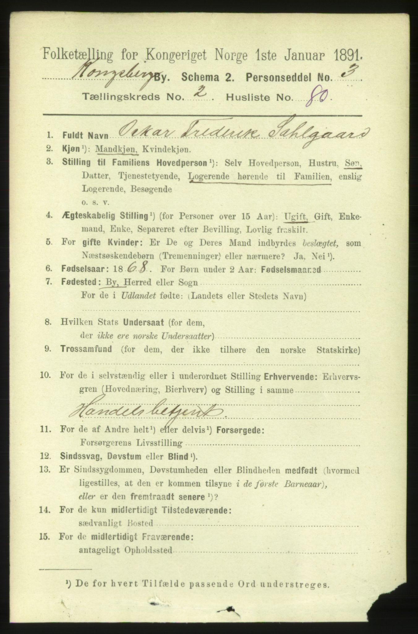 RA, 1891 census for 0604 Kongsberg, 1891, p. 2763