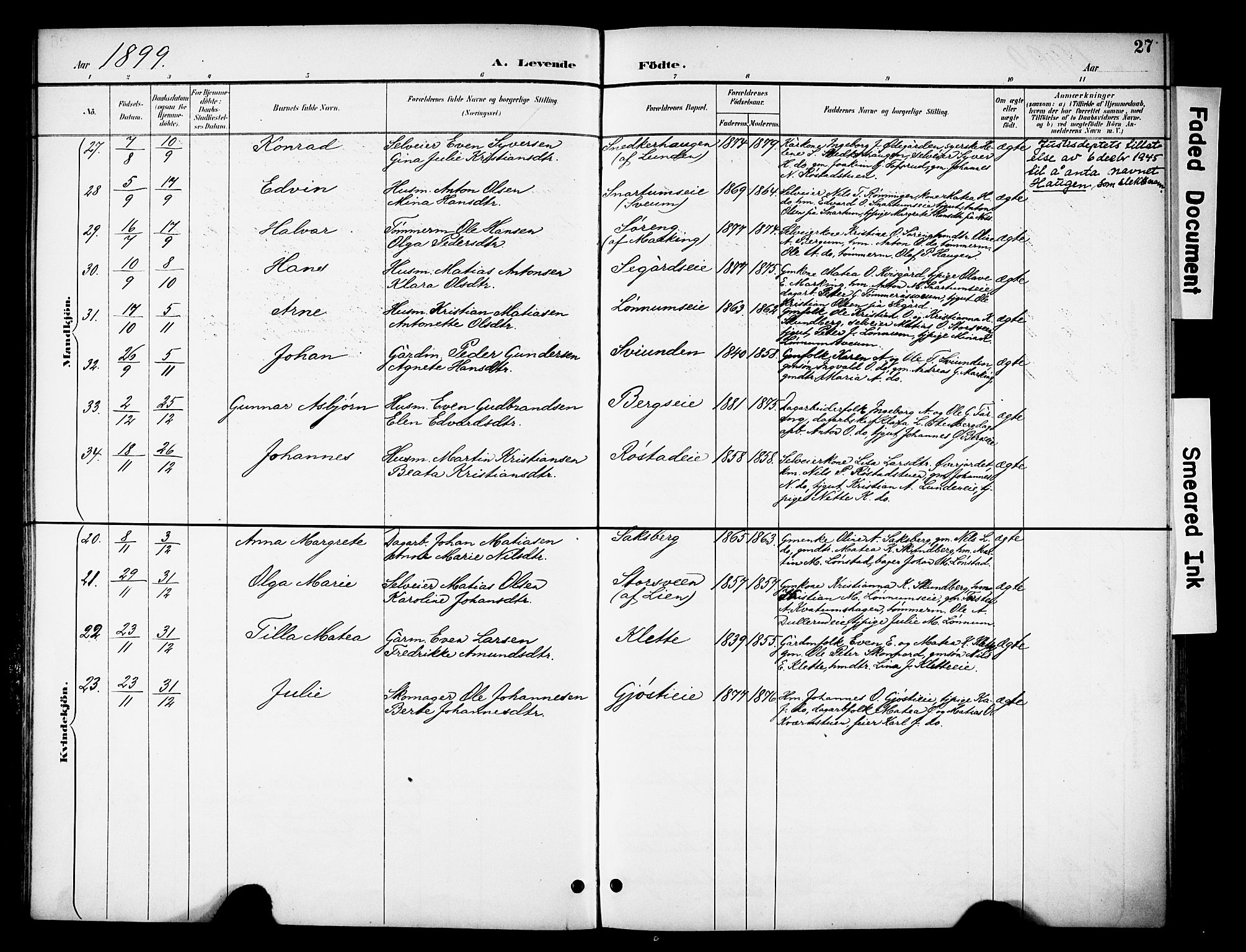 Biri prestekontor, SAH/PREST-096/H/Ha/Haa/L0008: Parish register (official) no. 8, 1894-1901, p. 27