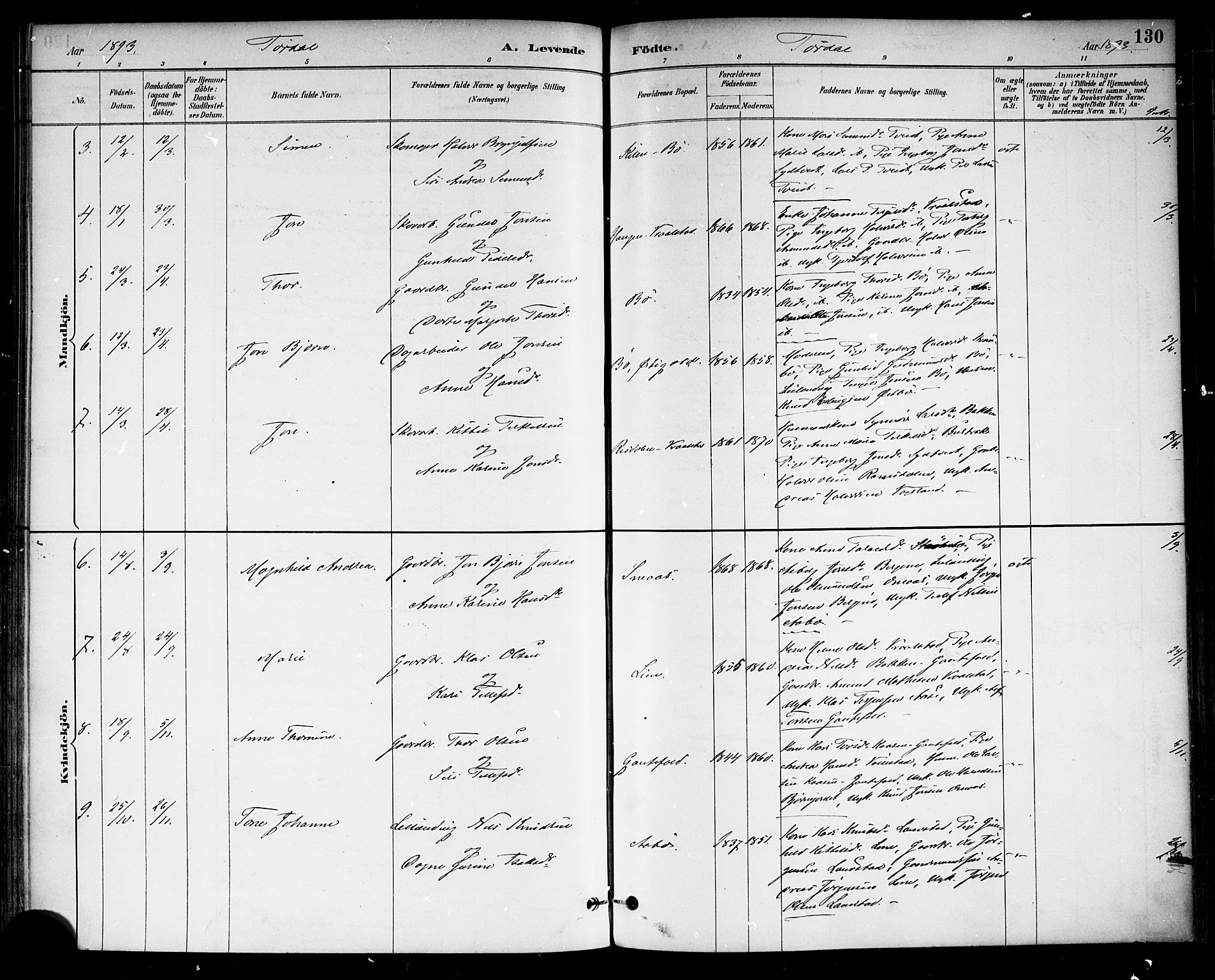 Drangedal kirkebøker, SAKO/A-258/F/Fa/L0010: Parish register (official) no. 10 /2, 1885-1894, p. 130