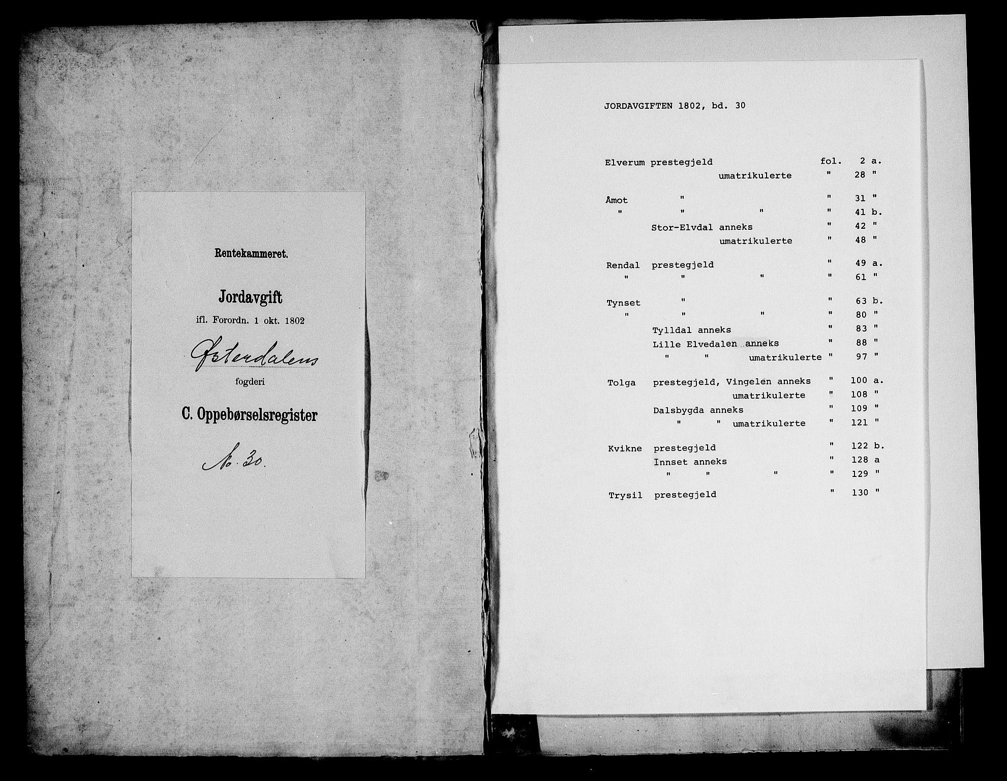 Rentekammeret inntil 1814, Realistisk ordnet avdeling, RA/EA-4070/N/Ne/Nea/L0030: Østerdal fogderi. Oppebørselsregister, 1803-1804, p. 1