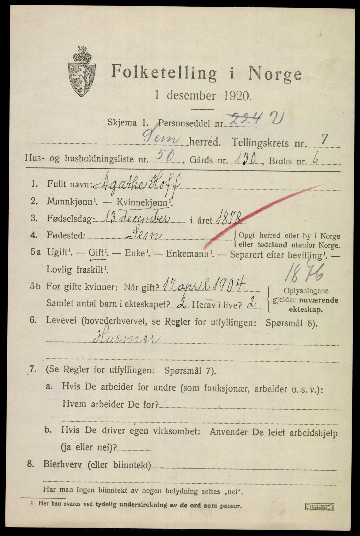 SAKO, 1920 census for Sem, 1920, p. 10789