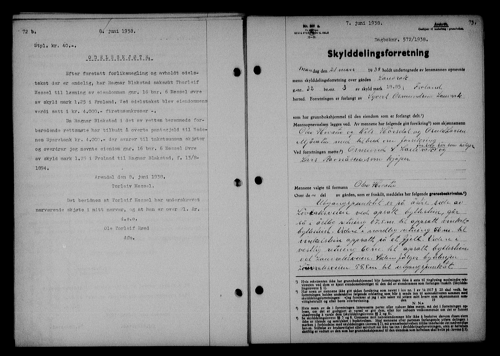 Nedenes sorenskriveri, SAK/1221-0006/G/Gb/Gba/L0045: Mortgage book no. 41, 1938-1938, Diary no: : 572/1938