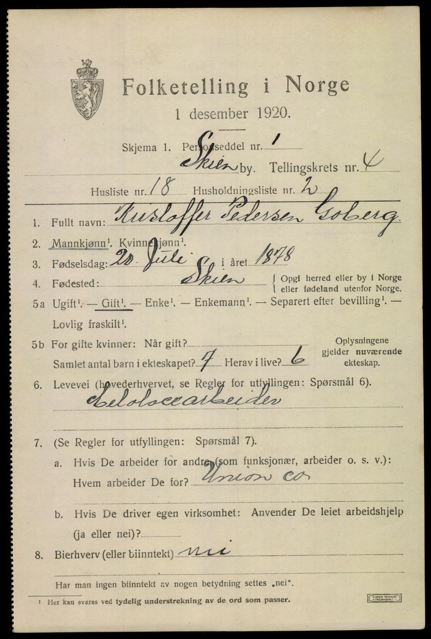 SAKO, 1920 census for Skien, 1920, p. 16926