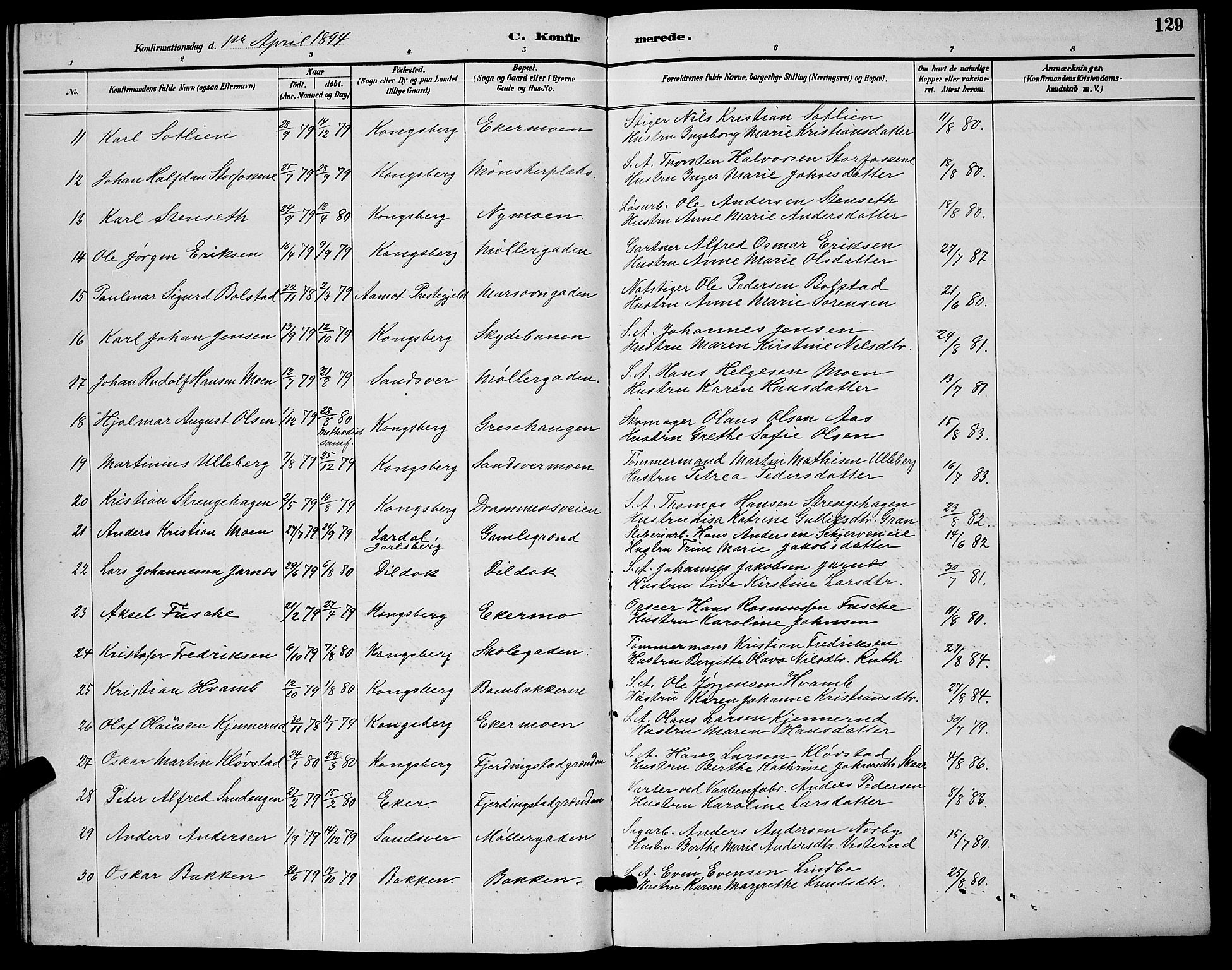 Kongsberg kirkebøker, AV/SAKO-A-22/G/Ga/L0006: Parish register (copy) no. 6, 1890-1901, p. 129