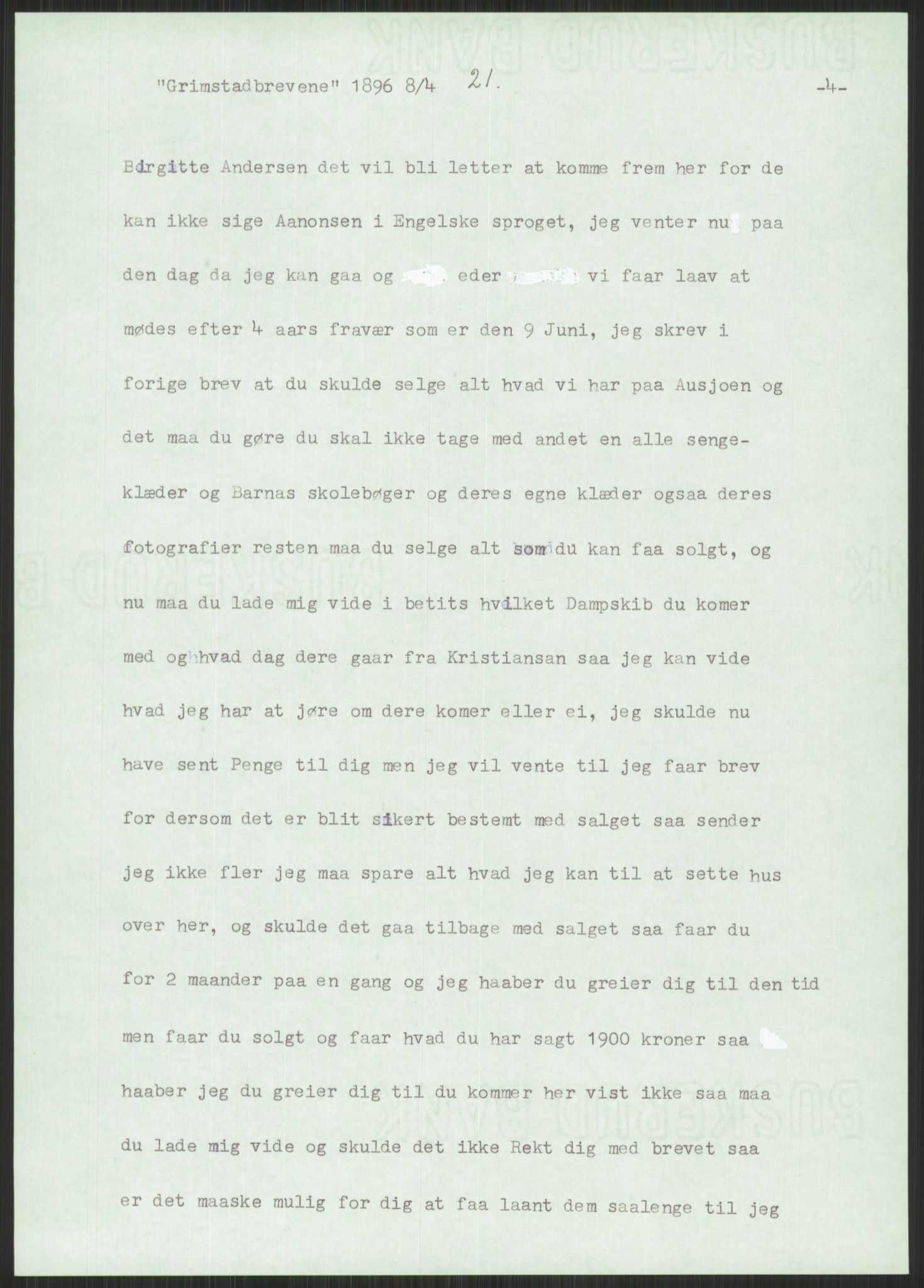 Samlinger til kildeutgivelse, Amerikabrevene, AV/RA-EA-4057/F/L0025: Innlån fra Aust-Agder: Aust-Agder-Arkivet, Grimstadbrevene, 1838-1914, p. 209