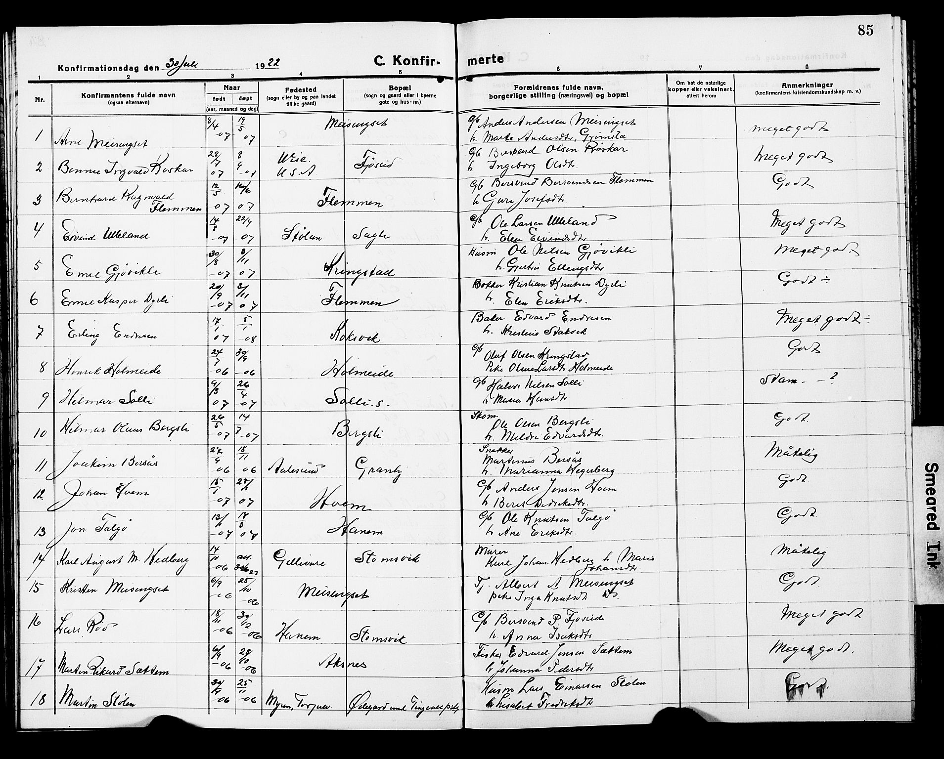 Ministerialprotokoller, klokkerbøker og fødselsregistre - Møre og Romsdal, SAT/A-1454/586/L0994: Parish register (copy) no. 586C05, 1919-1927, p. 85