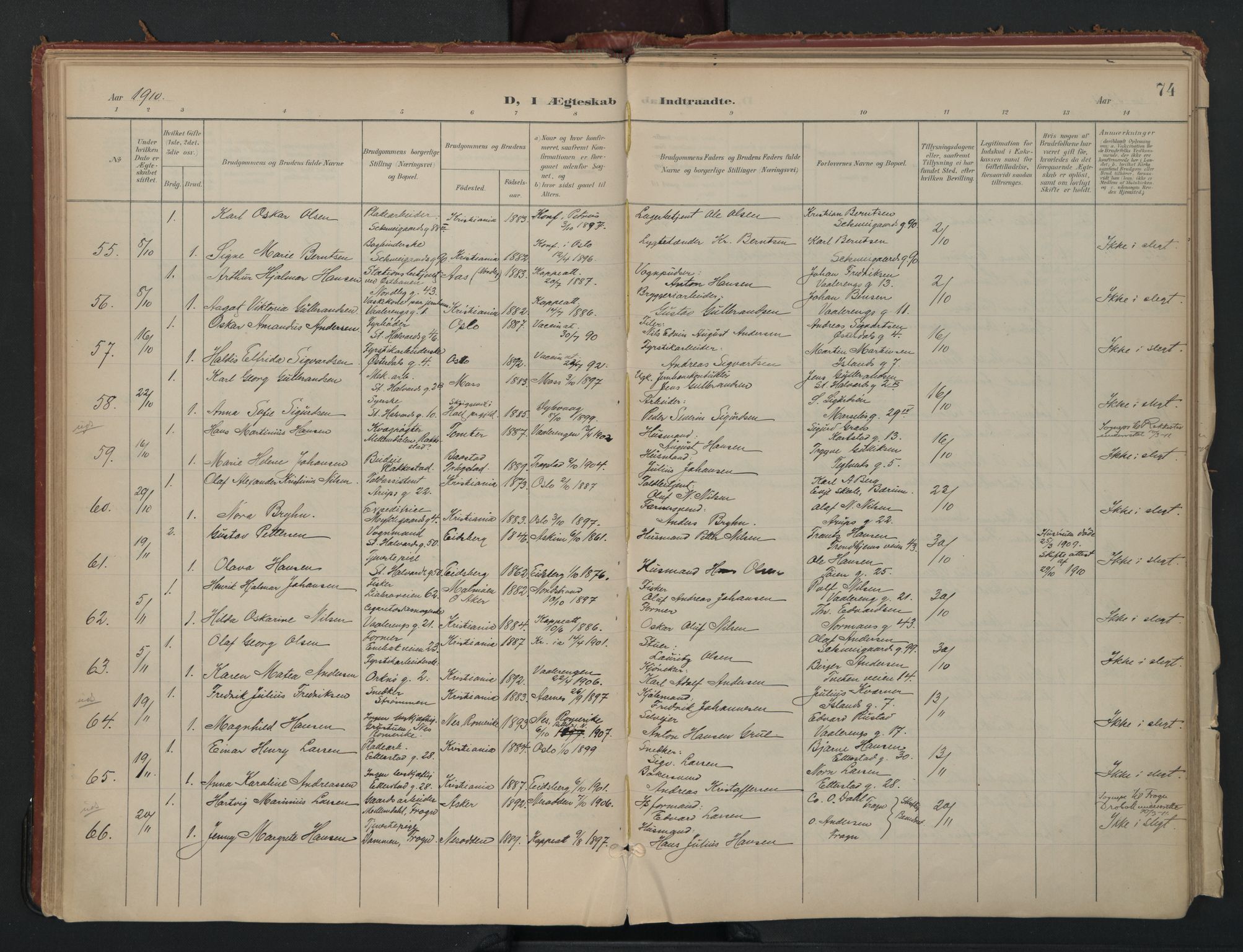 Vålerengen prestekontor Kirkebøker, AV/SAO-A-10878/F/Fa/L0002: Parish register (official) no. 2, 1899-1924, p. 74