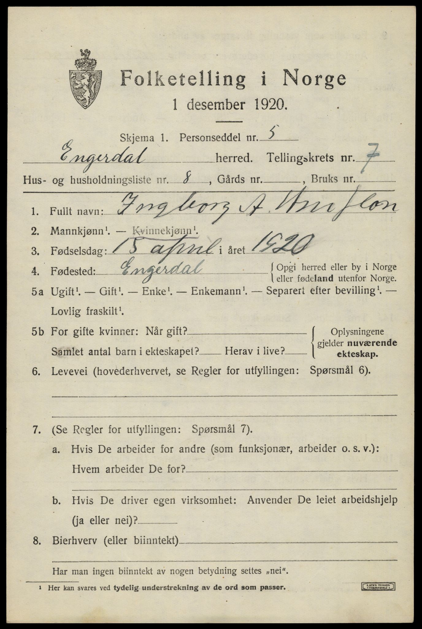 SAH, 1920 census for Engerdal, 1920, p. 3055