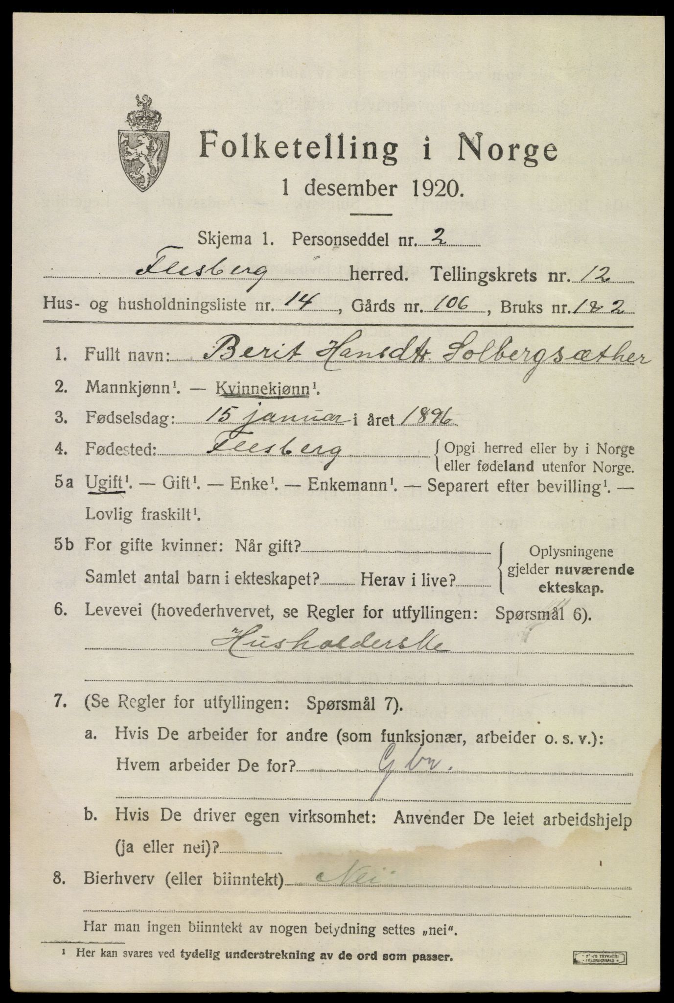 SAKO, 1920 census for Flesberg, 1920, p. 3977