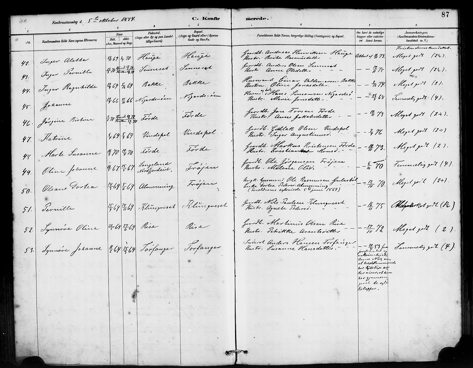 Bremanger sokneprestembete, AV/SAB-A-82201/H/Haa/Haab/L0001: Parish register (official) no. B 1, 1884-1895, p. 87