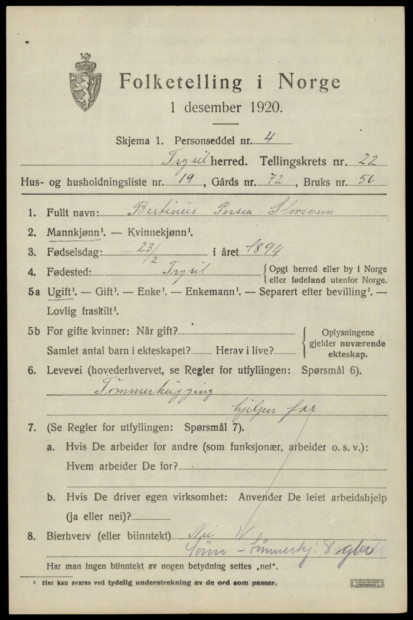 SAH, 1920 census for Trysil, 1920, p. 14833