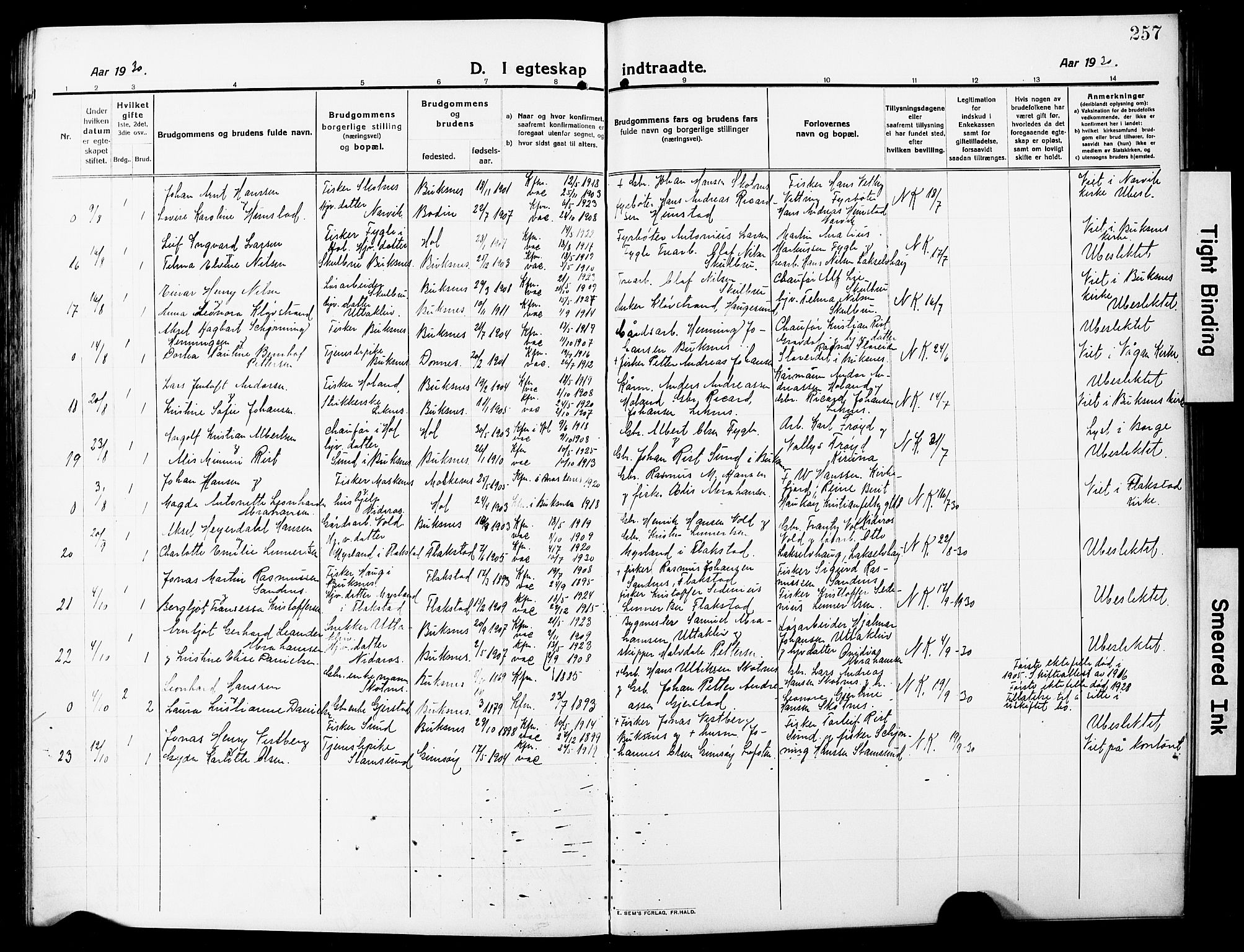 Ministerialprotokoller, klokkerbøker og fødselsregistre - Nordland, AV/SAT-A-1459/881/L1169: Parish register (copy) no. 881C06, 1912-1930, p. 257