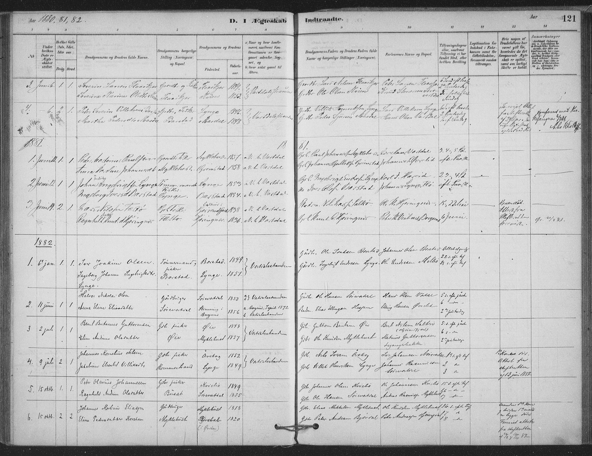 Ministerialprotokoller, klokkerbøker og fødselsregistre - Møre og Romsdal, AV/SAT-A-1454/514/L0199: Parish register (official) no. 514A01, 1878-1912, p. 121