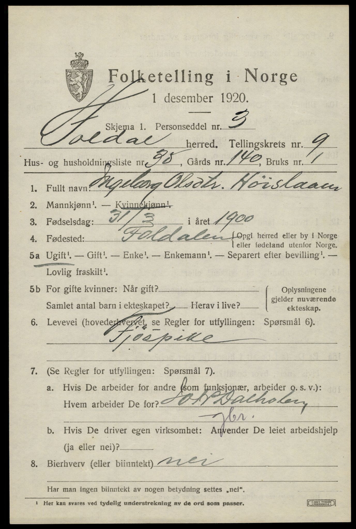 SAH, 1920 census for Folldal, 1920, p. 4947