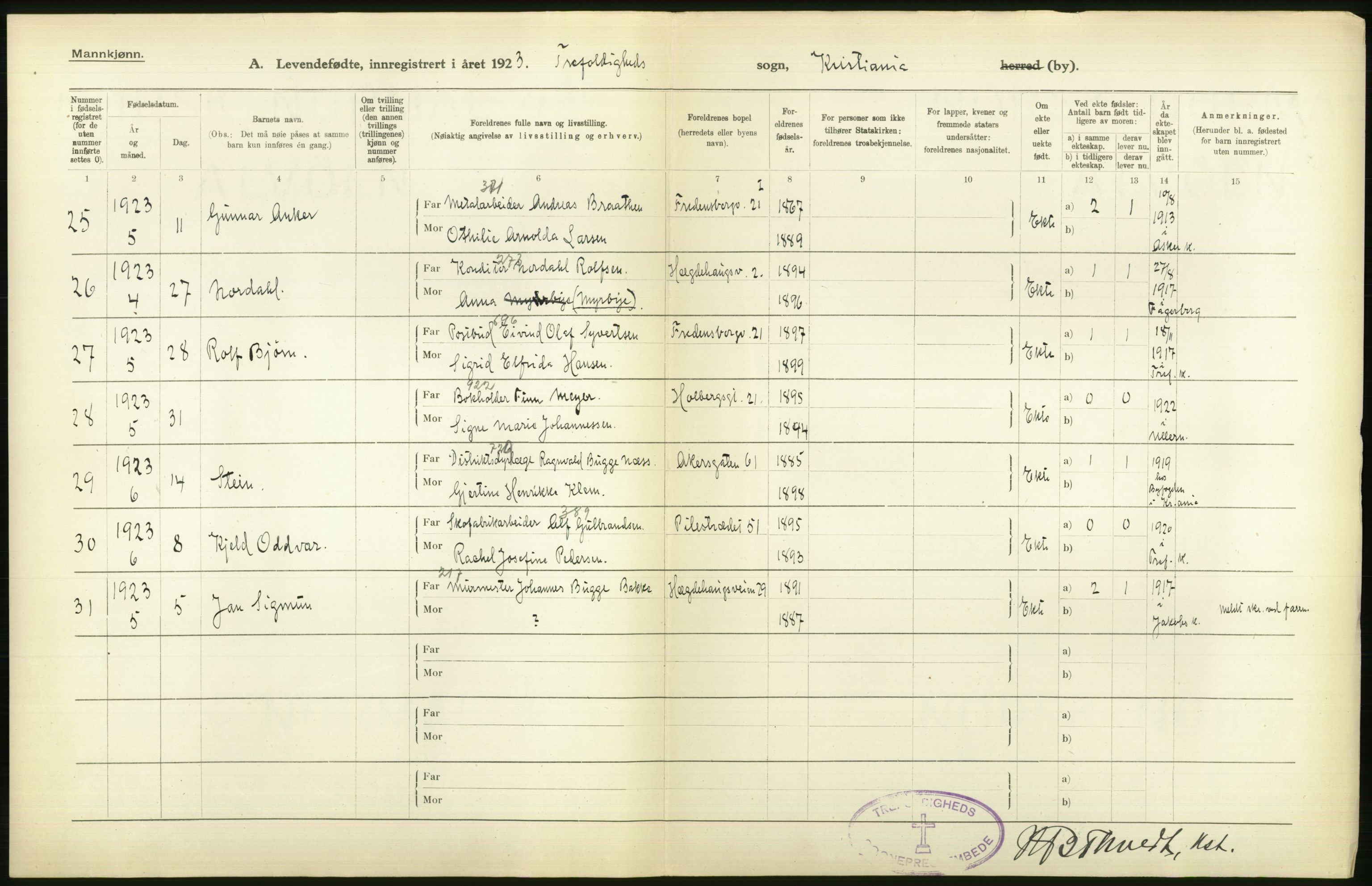 Statistisk sentralbyrå, Sosiodemografiske emner, Befolkning, AV/RA-S-2228/D/Df/Dfc/Dfcc/L0006: Kristiania: Levendefødte menn og kvinner., 1923, p. 818