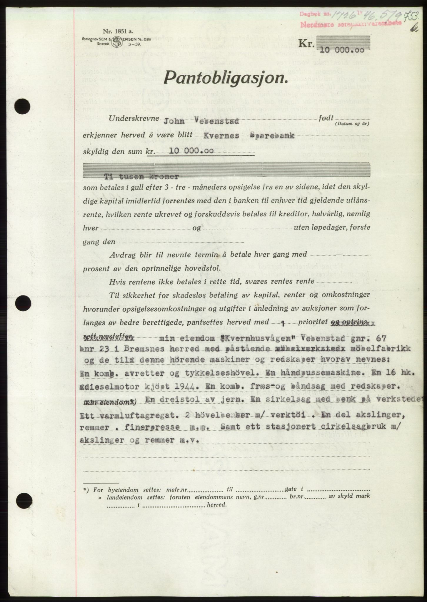 Nordmøre sorenskriveri, AV/SAT-A-4132/1/2/2Ca: Mortgage book no. B94, 1946-1946, Diary no: : 1726/1946