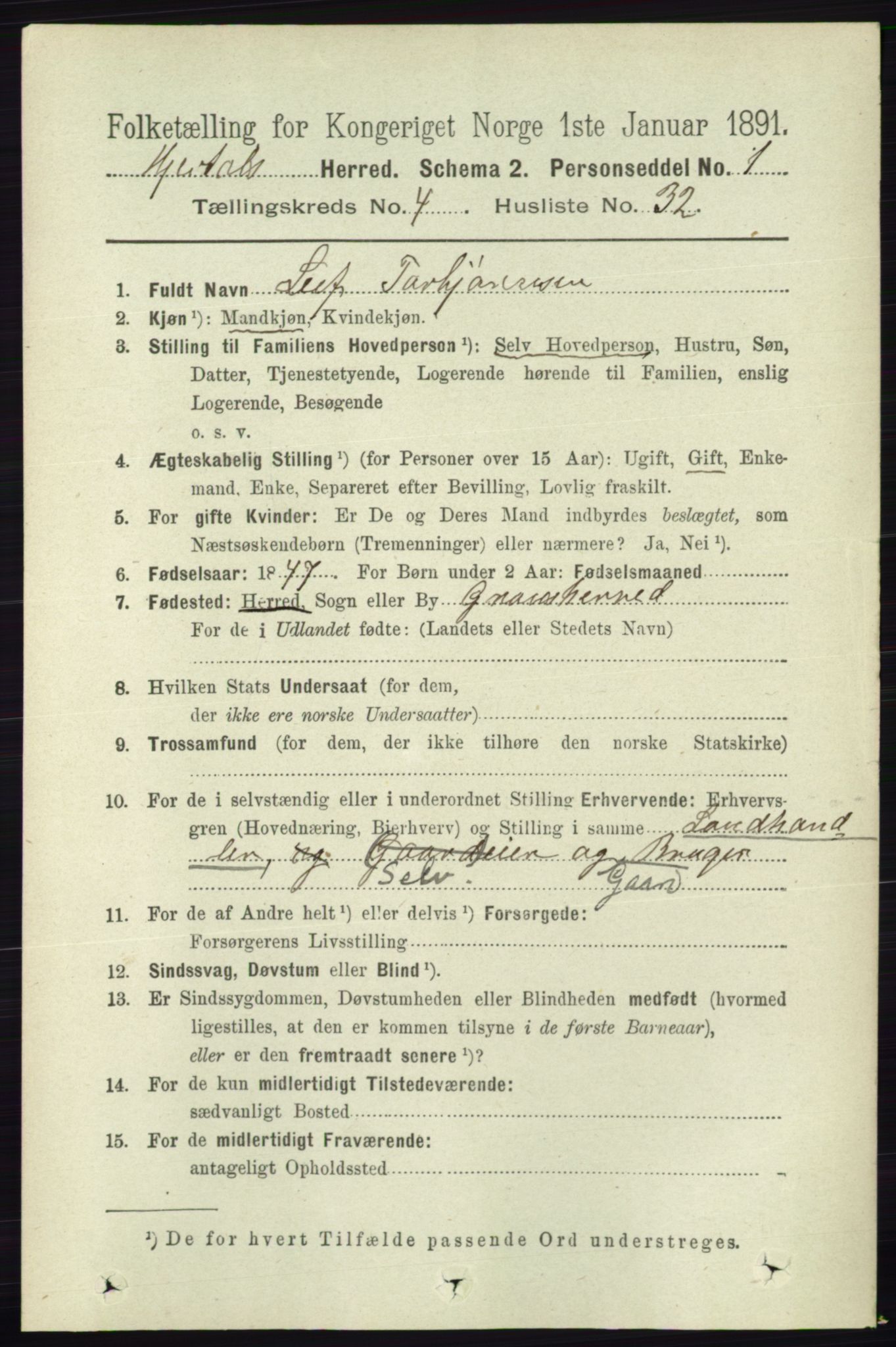 RA, 1891 census for 0827 Hjartdal, 1891, p. 1566
