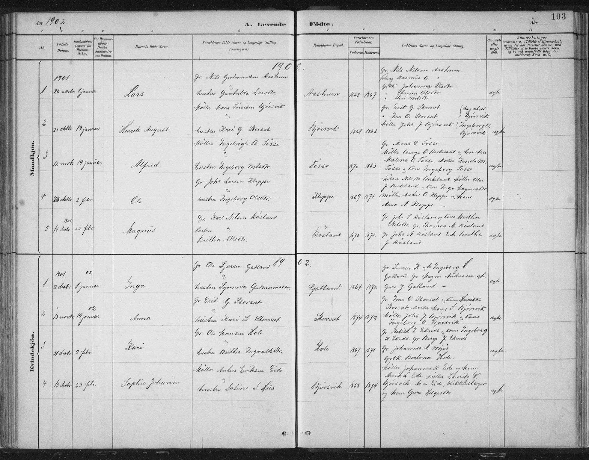 Hosanger sokneprestembete, SAB/A-75801/H/Hab: Parish register (copy) no. A 3 I, 1882-1903, p. 103