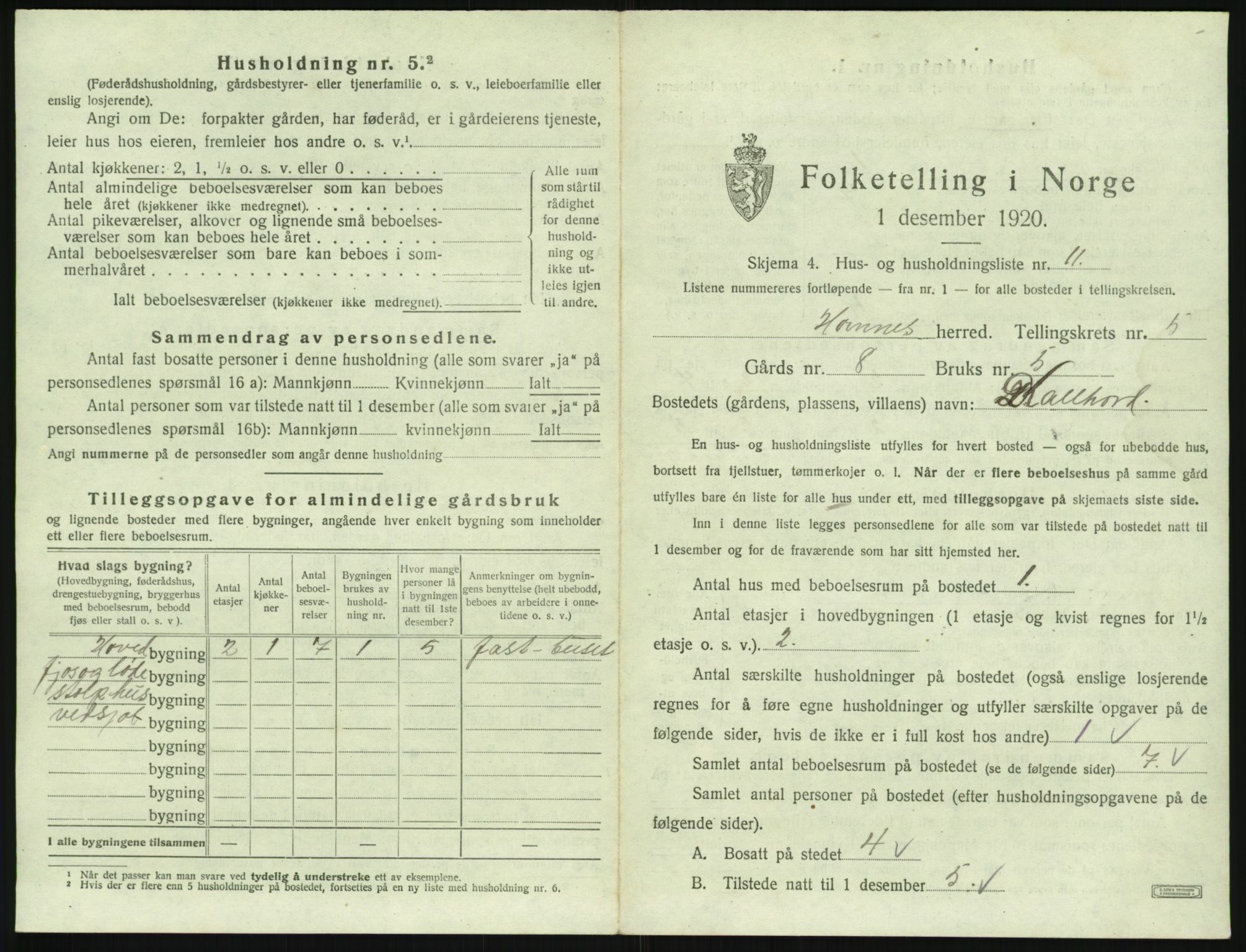 SAK, 1920 census for Hornnes, 1920, p. 223