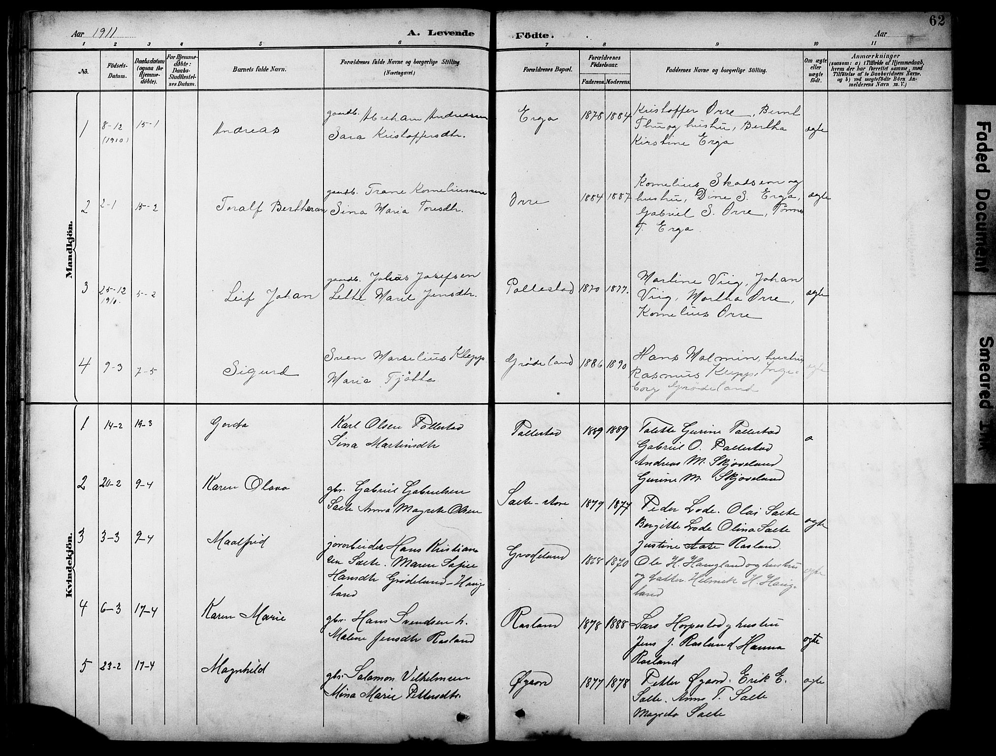 Klepp sokneprestkontor, SAST/A-101803/001/3/30BB/L0005: Parish register (copy) no. B 5, 1889-1918, p. 62