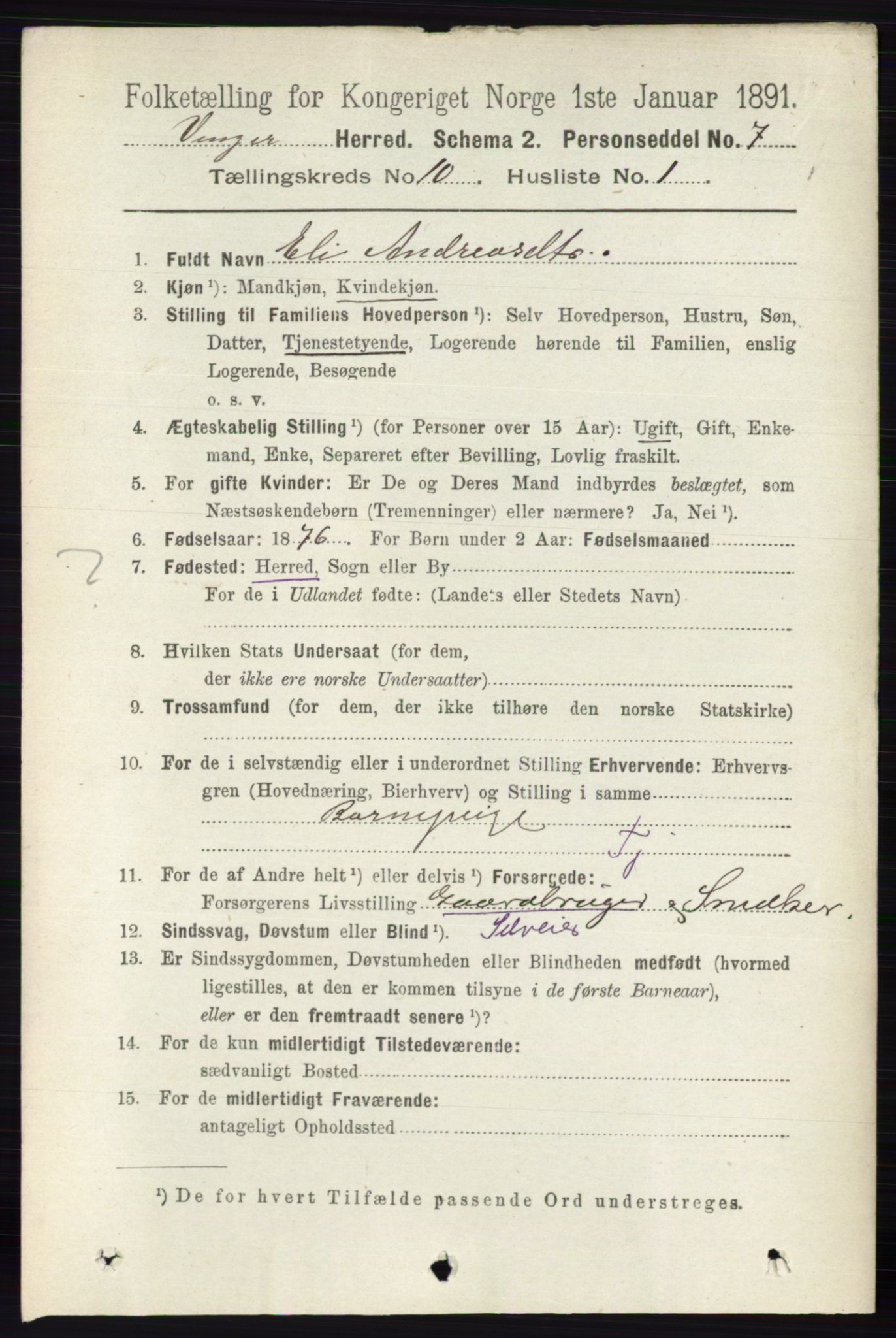 RA, 1891 census for 0421 Vinger, 1891, p. 4886