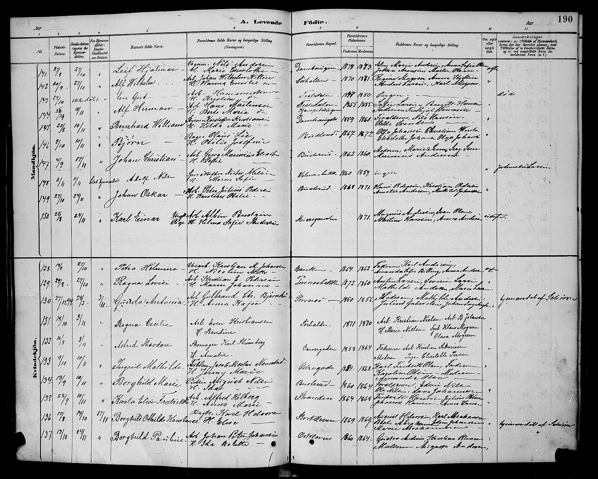 Halden prestekontor Kirkebøker, AV/SAO-A-10909/G/Ga/L0008: Parish register (copy) no. 8, 1885-1899, p. 190