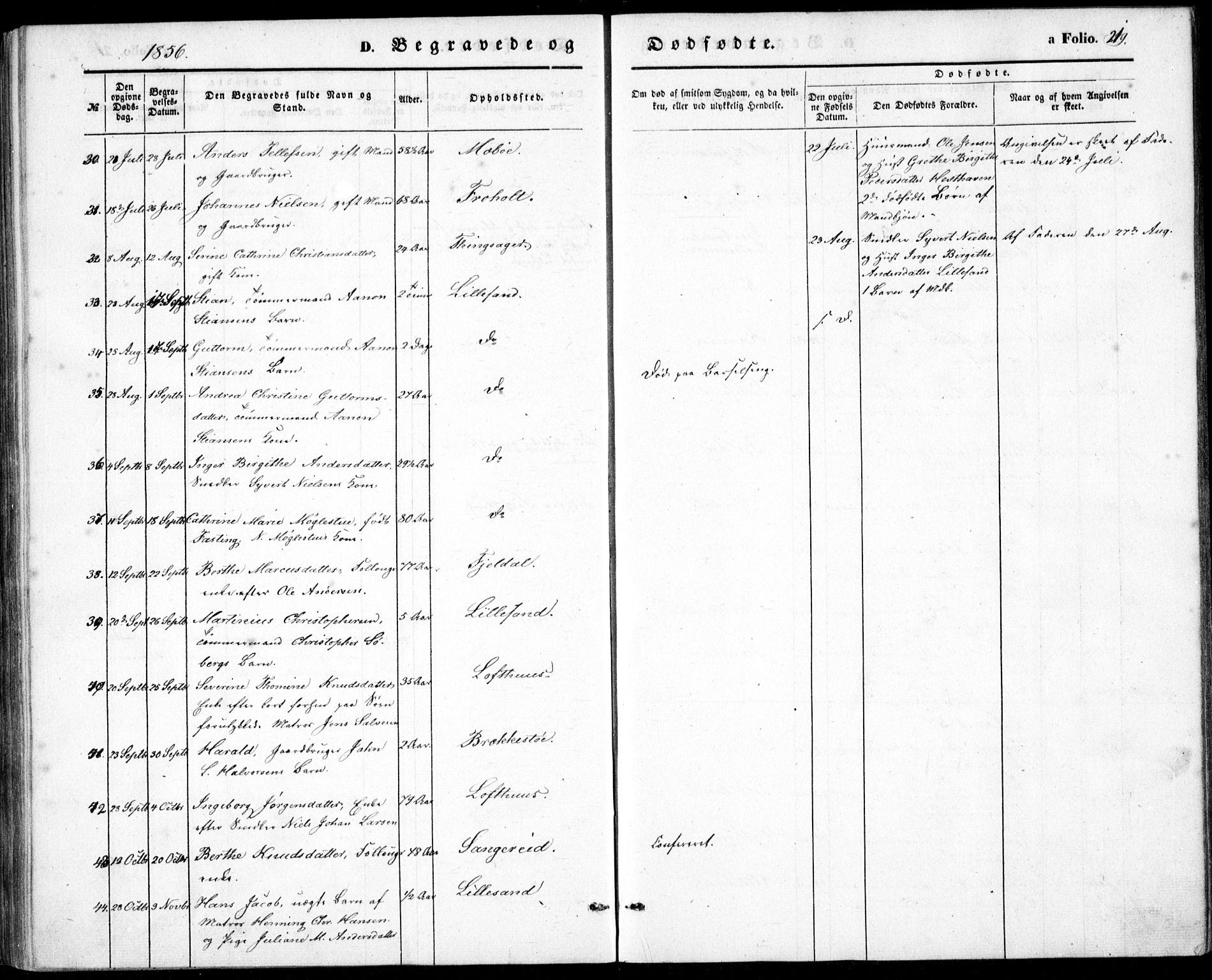 Vestre Moland sokneprestkontor, AV/SAK-1111-0046/F/Fb/Fbb/L0003: Parish register (copy) no. B 3, 1851-1861, p. 219