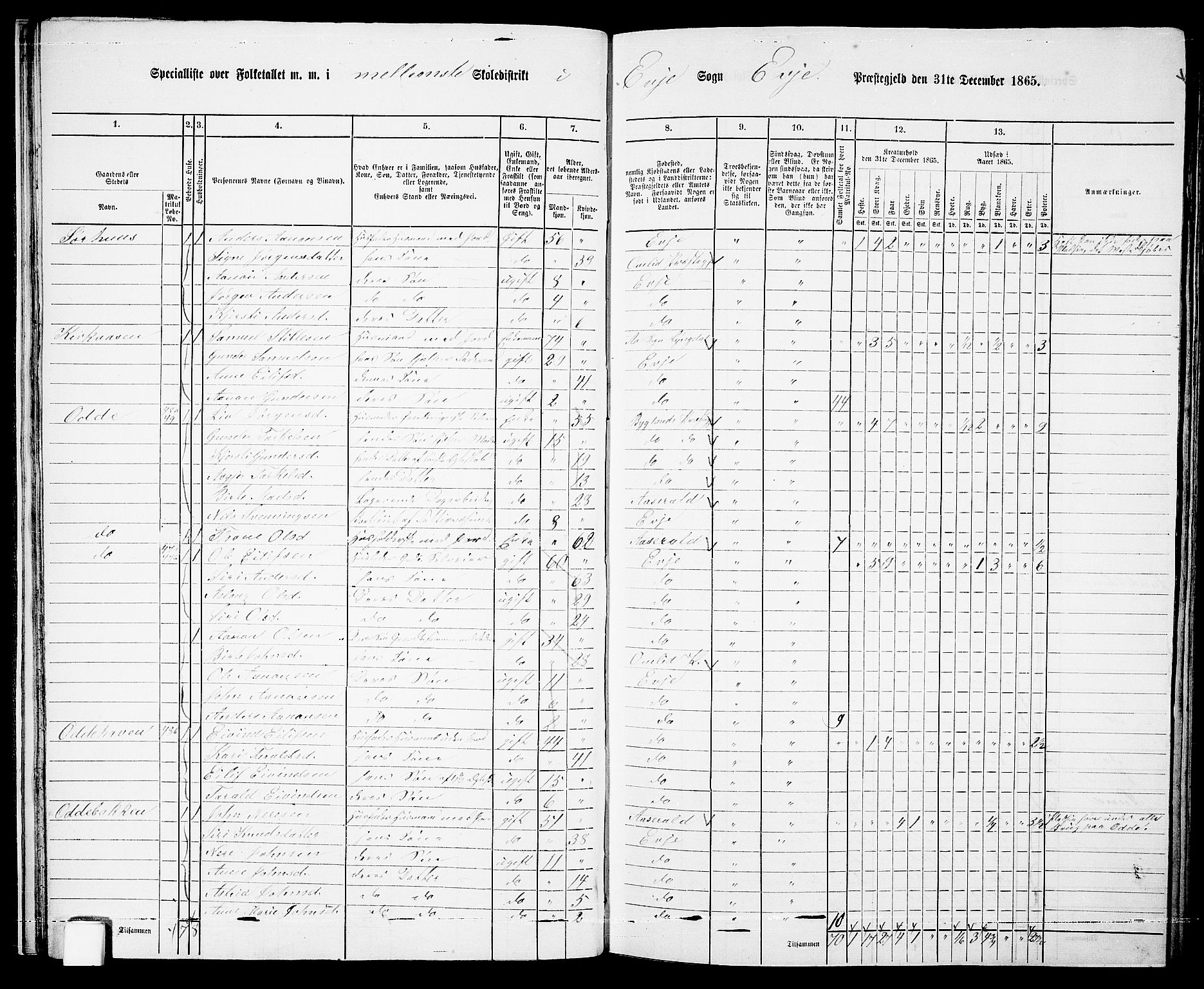 RA, 1865 census for Evje, 1865, p. 23