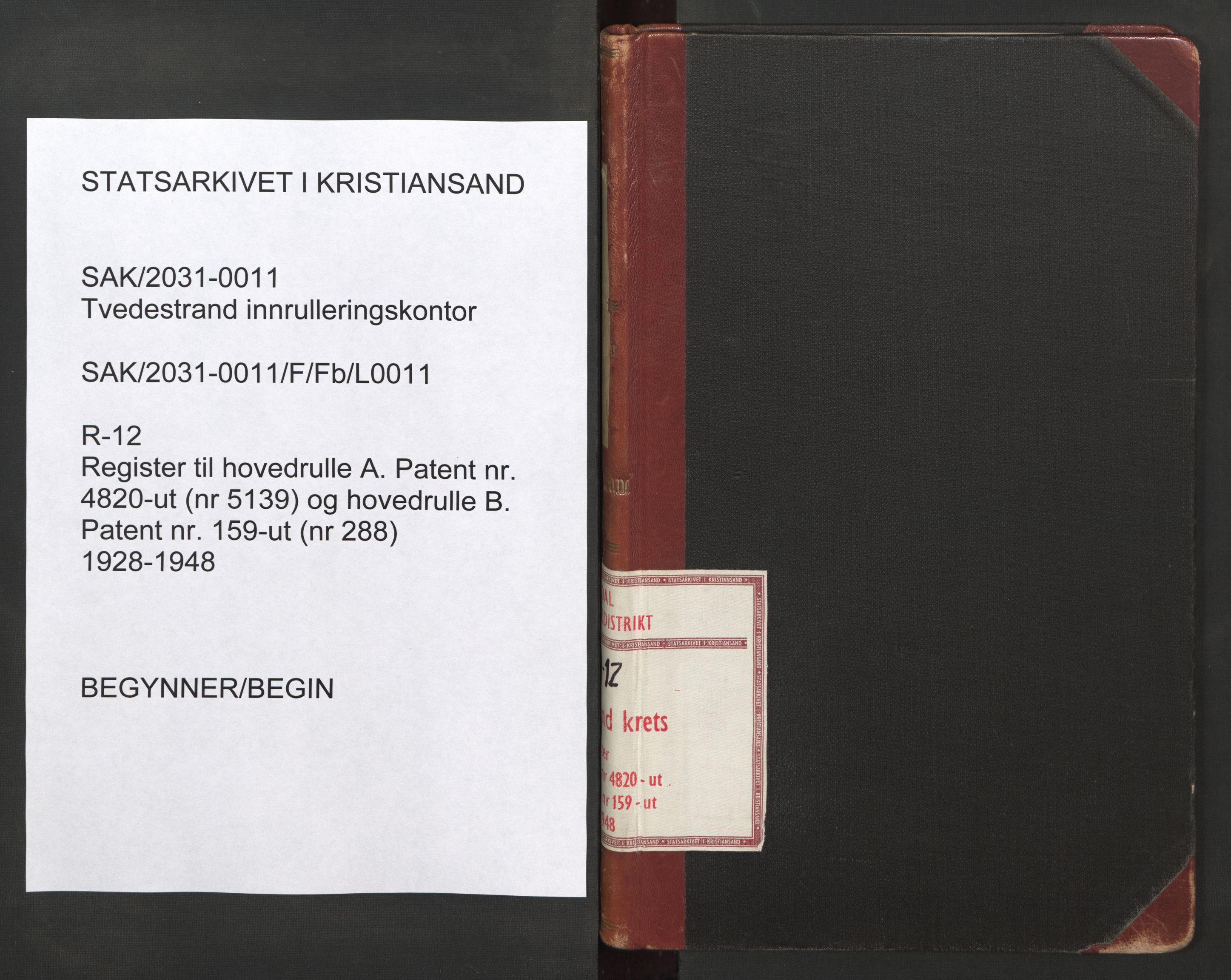 Tvedestrand mønstringskrets, AV/SAK-2031-0011/F/Fb/L0011: Register til hovedrulle A nr 4820-ut (nr 5139) og hovedrulle B nr 159-ut (nr 288), R-12, 1928-1948, p. 1