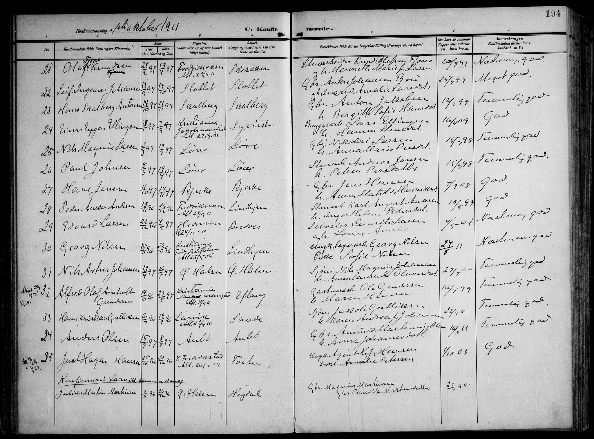 Tjølling kirkebøker, AV/SAKO-A-60/F/Fa/L0010: Parish register (official) no. 10, 1906-1923, p. 194